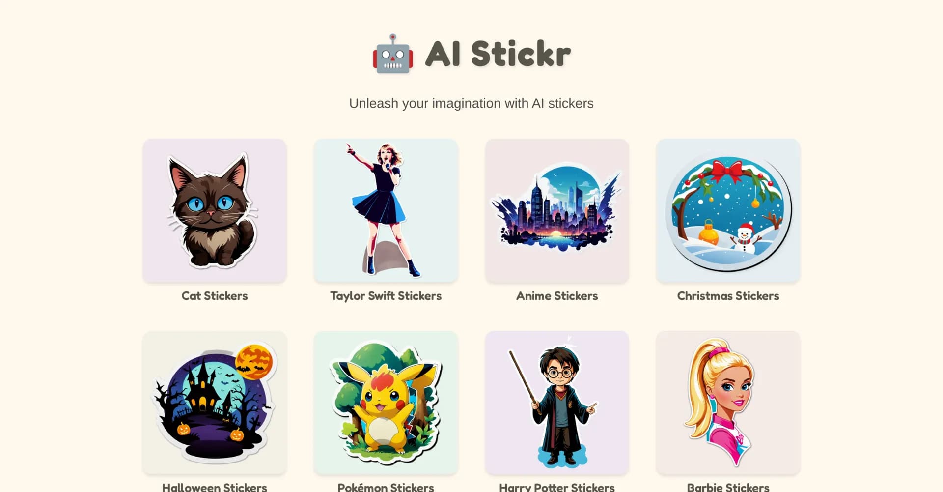 AI Stickr homepage screenshot — AI-powered stickers to unleash your imagination.