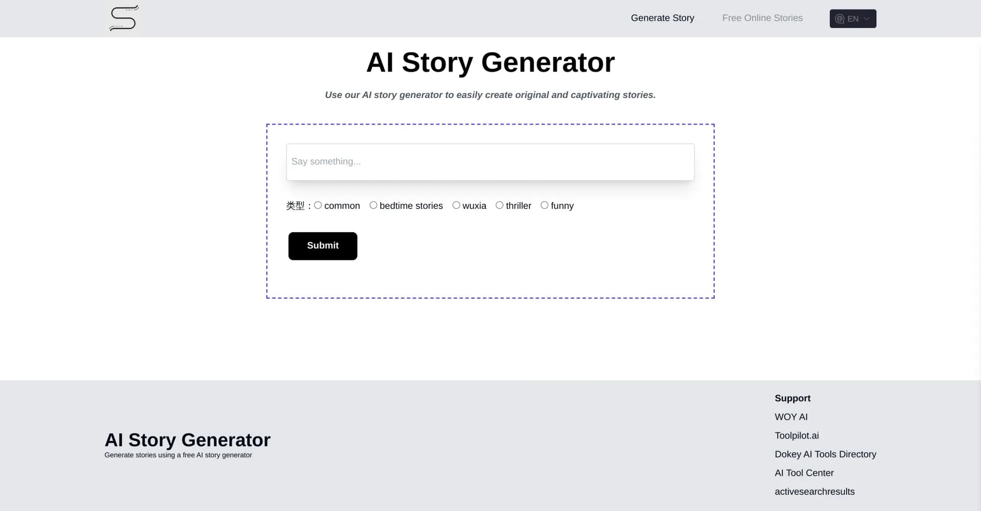 AI Story Generator homepage screenshot — Create captivating stories in minutes with AI.