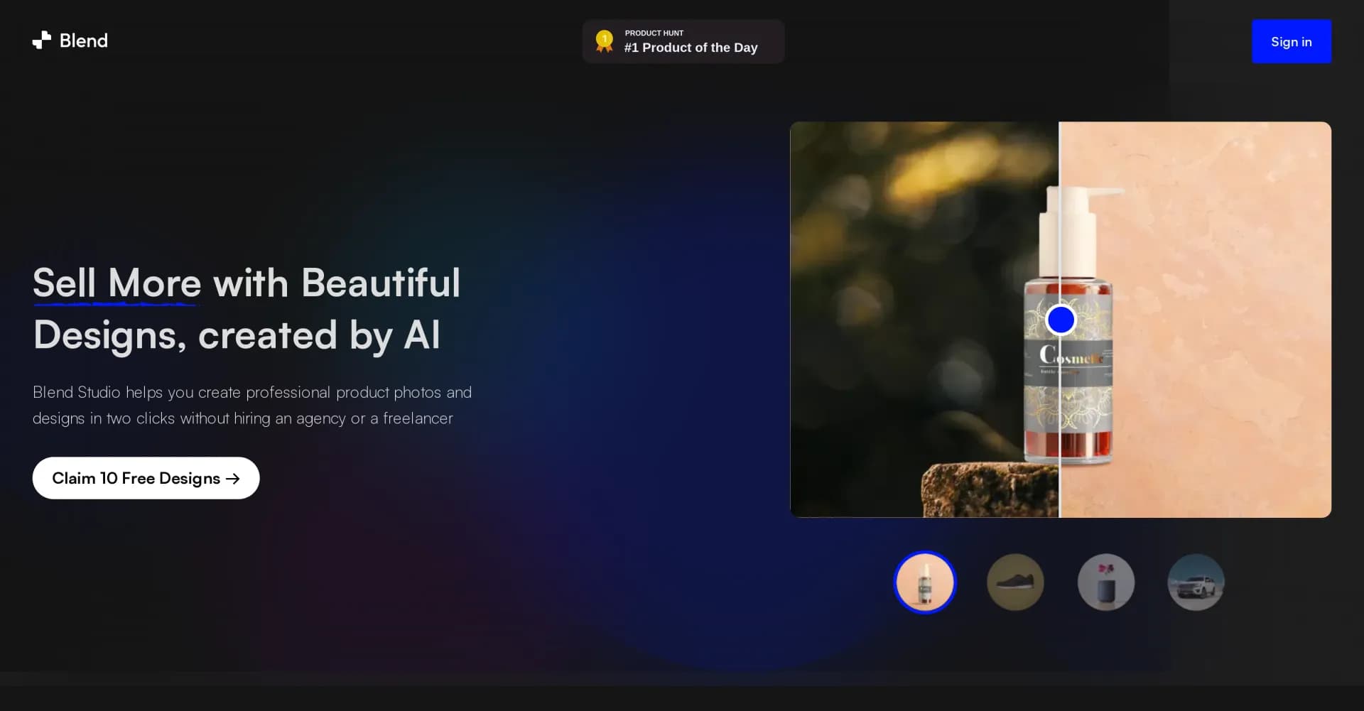 AI Studio homepage screenshot — Create pro product photos with AI in seconds