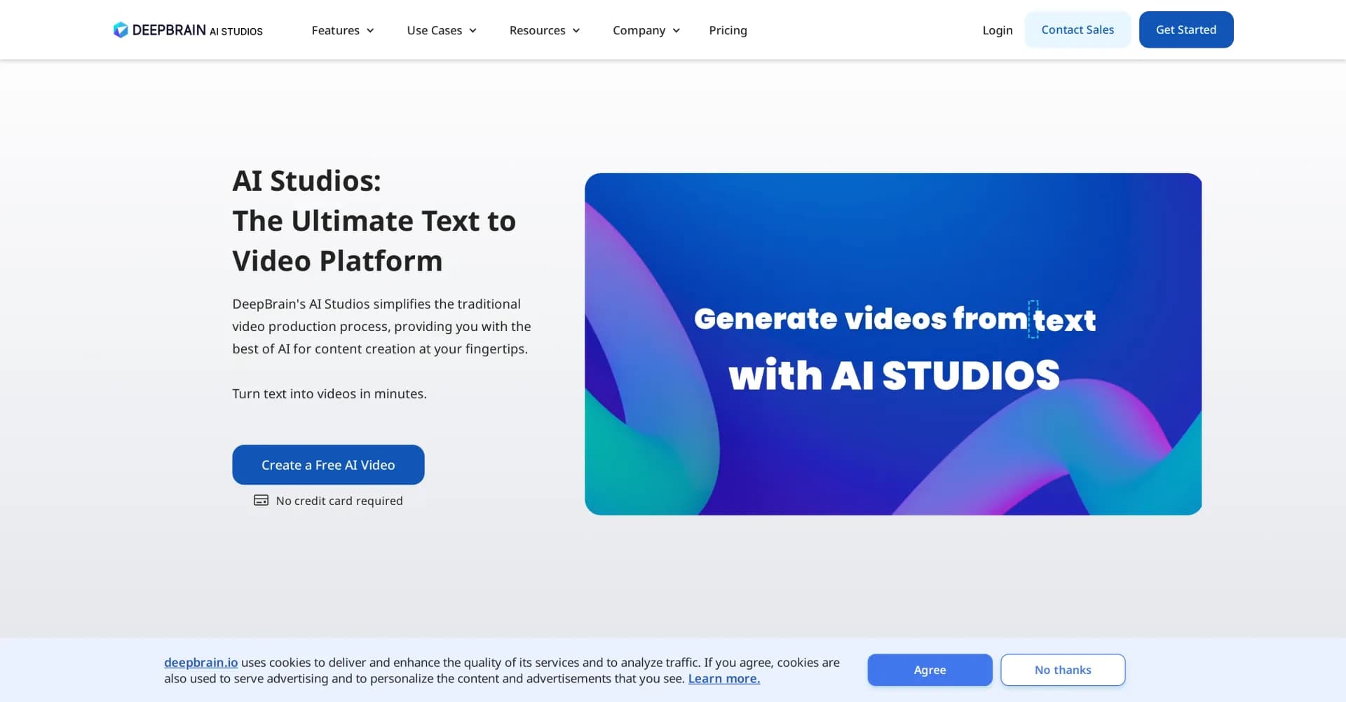AI Studios homepage screenshot — Create AI avatar videos from text in minutes