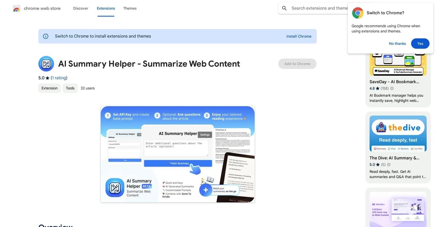 AI Summary Helper homepage screenshot — Fetch and insert AI-generated summaries of web content.