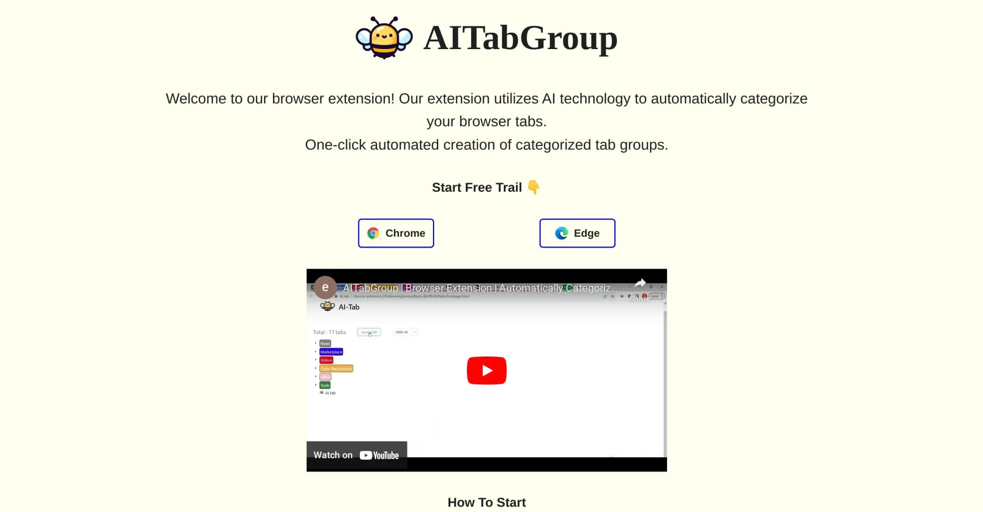 AI Tab Group homepage screenshot — Automatically categorize and organize browser tabs with AI.