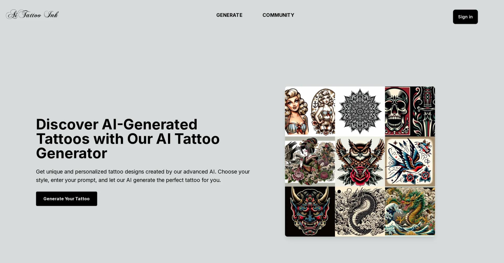 AI Tattoo Ink homepage screenshot — Create custom tattoos with AI-powered design.