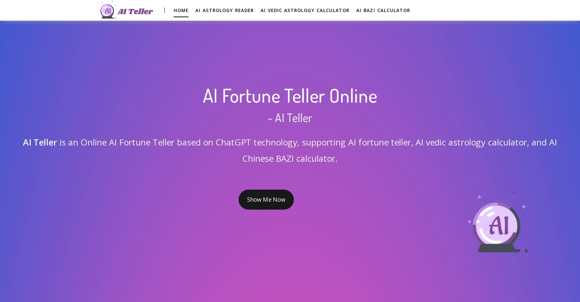 AI Teller homepage screenshot — AI-powered fortune telling for life's challenges