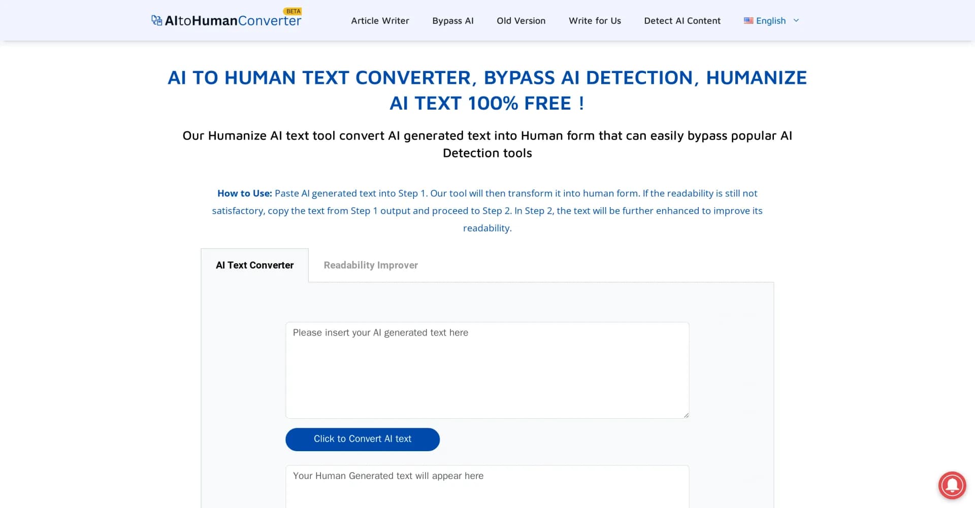 AI to Human Converter homepage screenshot — Humanize AI text to bypass detection