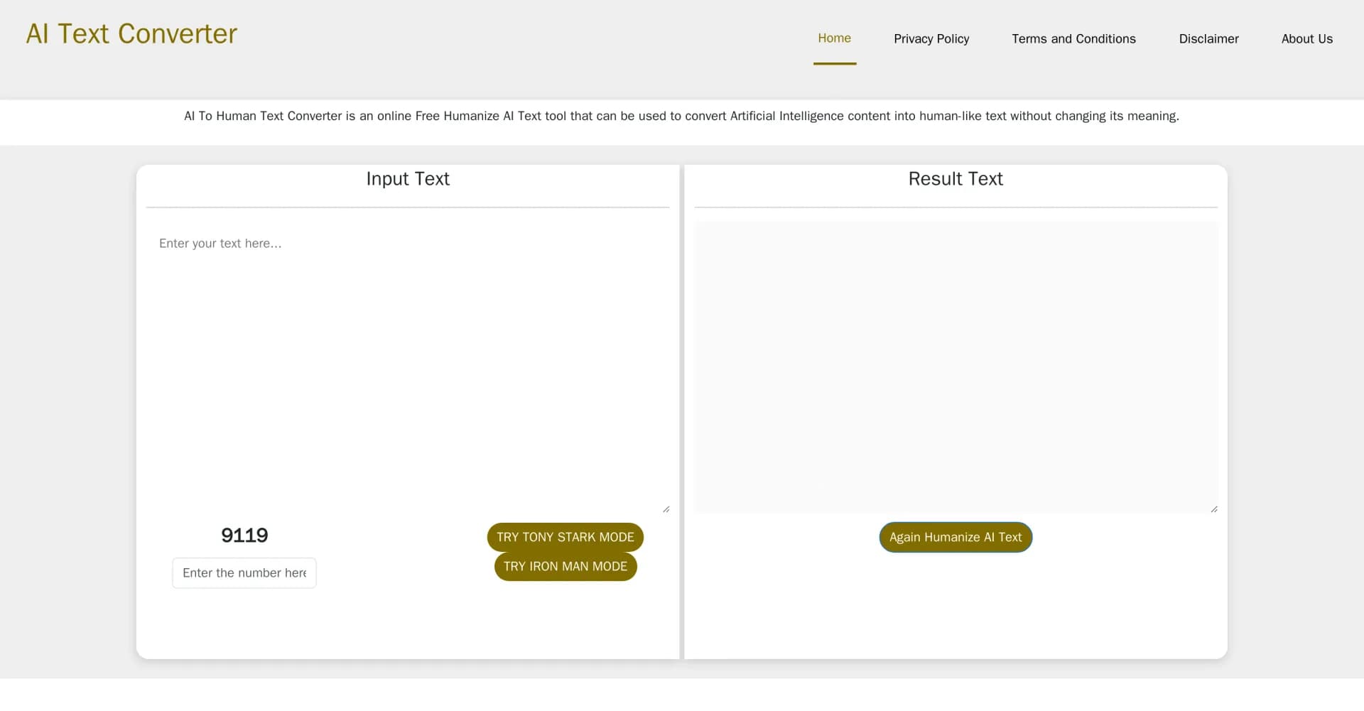 AI To Human Text Converter homepage screenshot — Humanize AI text and bypass detection.