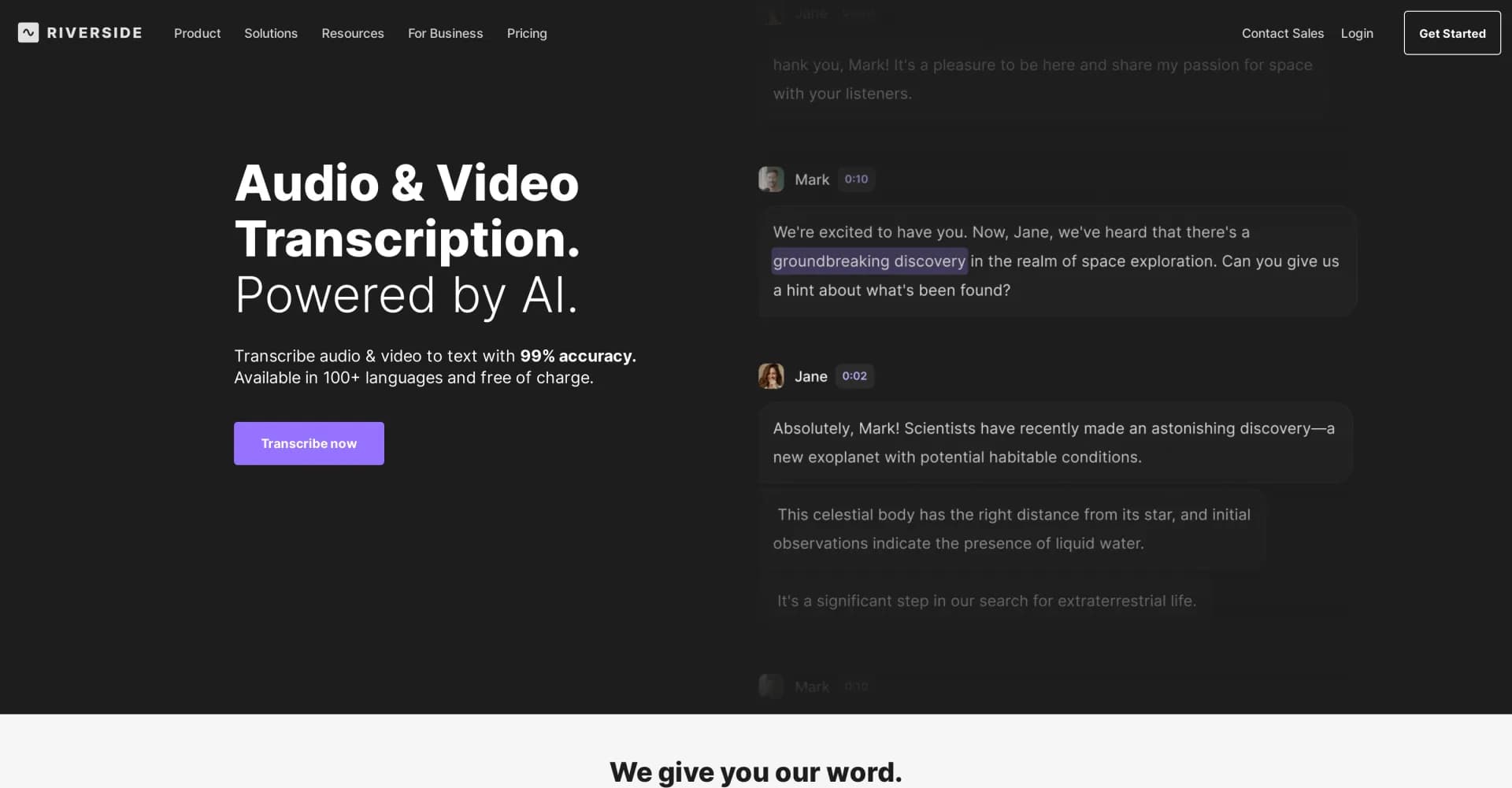AI Transcriptions by Riverside homepage screenshot — Transcribe audio and video in 100+ languages effortlessly