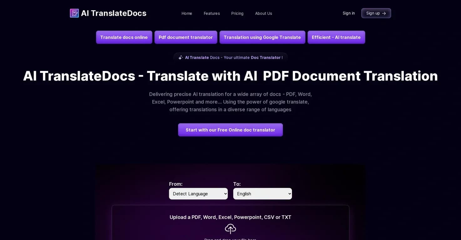 AI TranslateDocs homepage screenshot — AI-powered translation for any document type