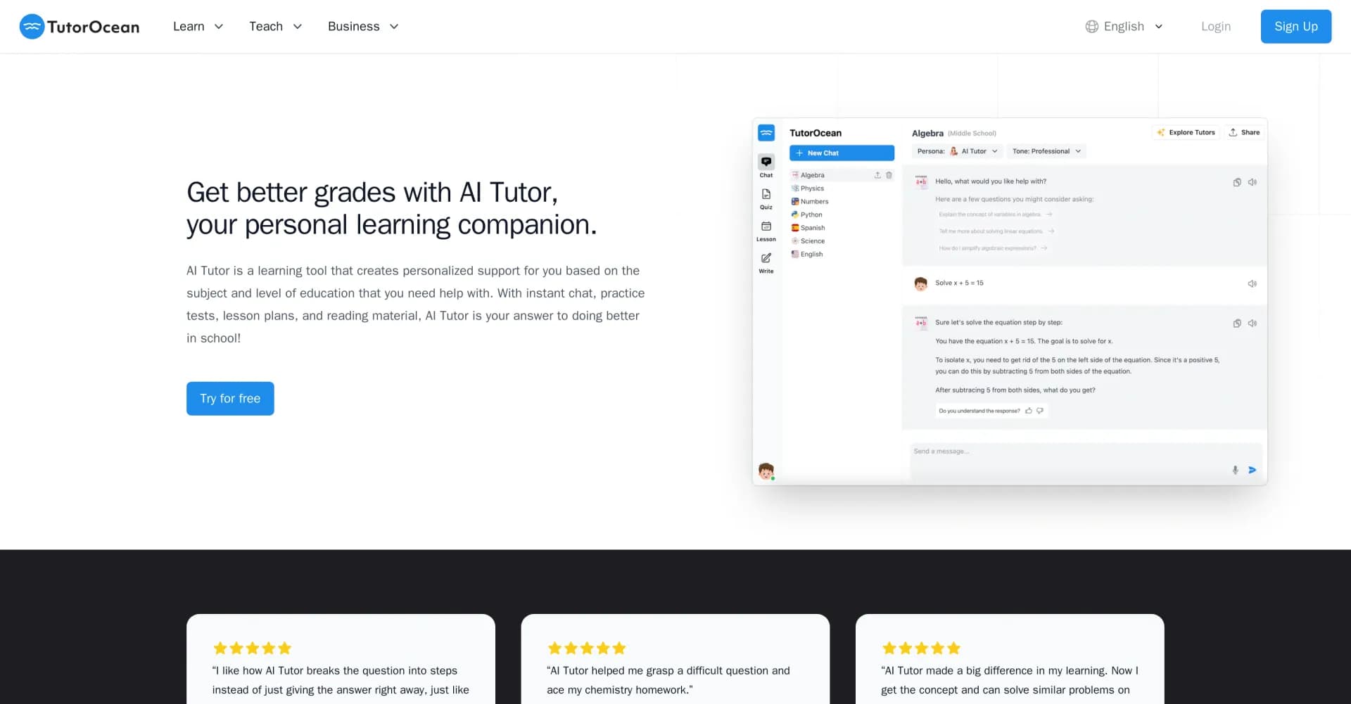 AI Tutor by SoundOcean homepage screenshot — AI tutor for instant feedback and personalized learning.