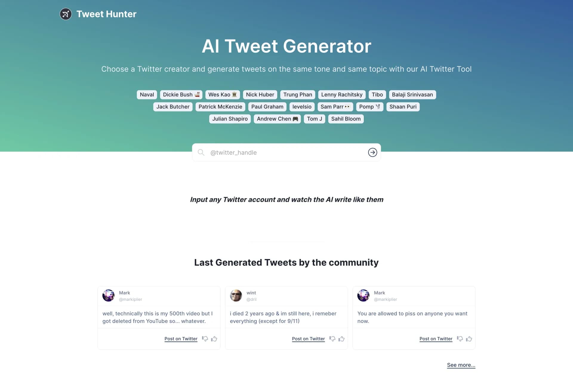 AI Tweet Generator homepage screenshot — Clone any Twitter creator's style with AI-generated tweets.