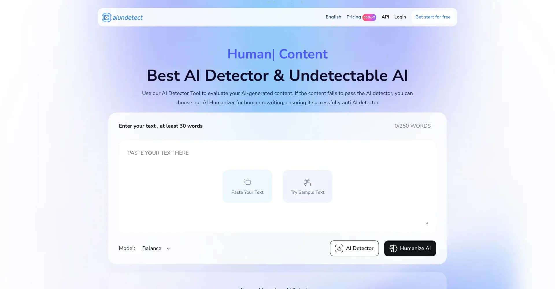 AI Undetect homepage screenshot — Best AI detector and undetectable AI rewriter.