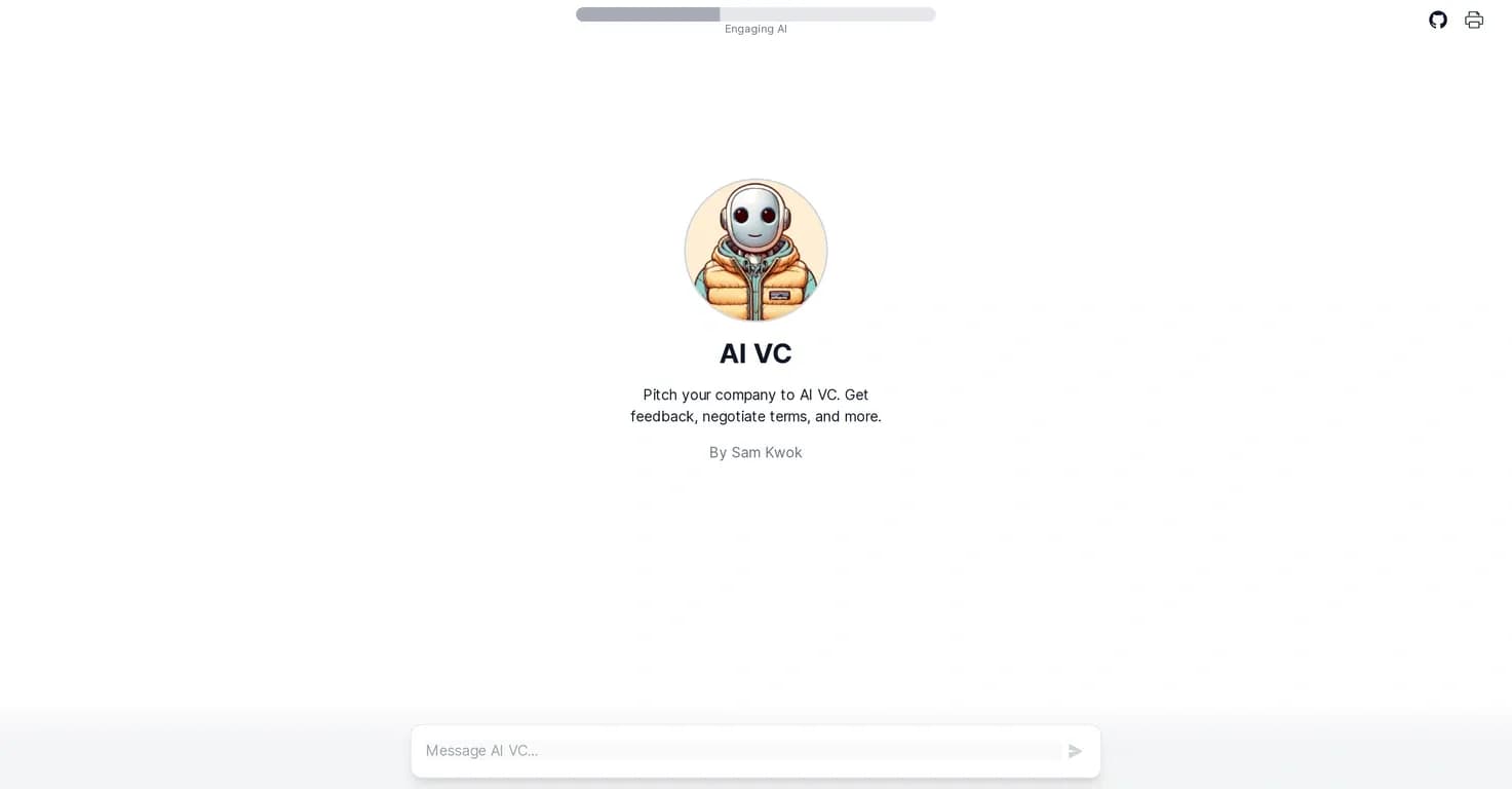 AI VC homepage screenshot — Pitch to an AI investor and get instant feedback.