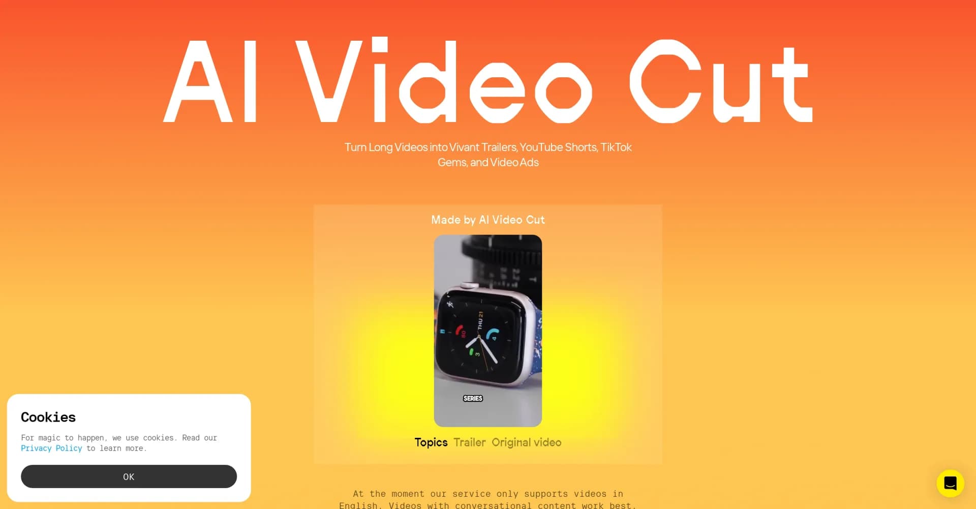 AI Video Cut homepage screenshot — Transform long videos into viral shorts with AI.