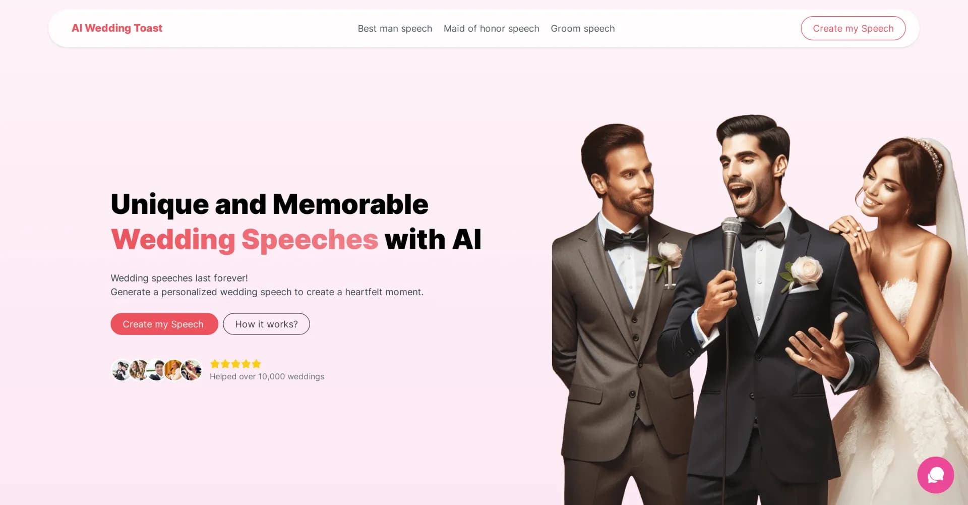 AI Wedding Toast homepage screenshot — Craft memorable wedding speeches with AI