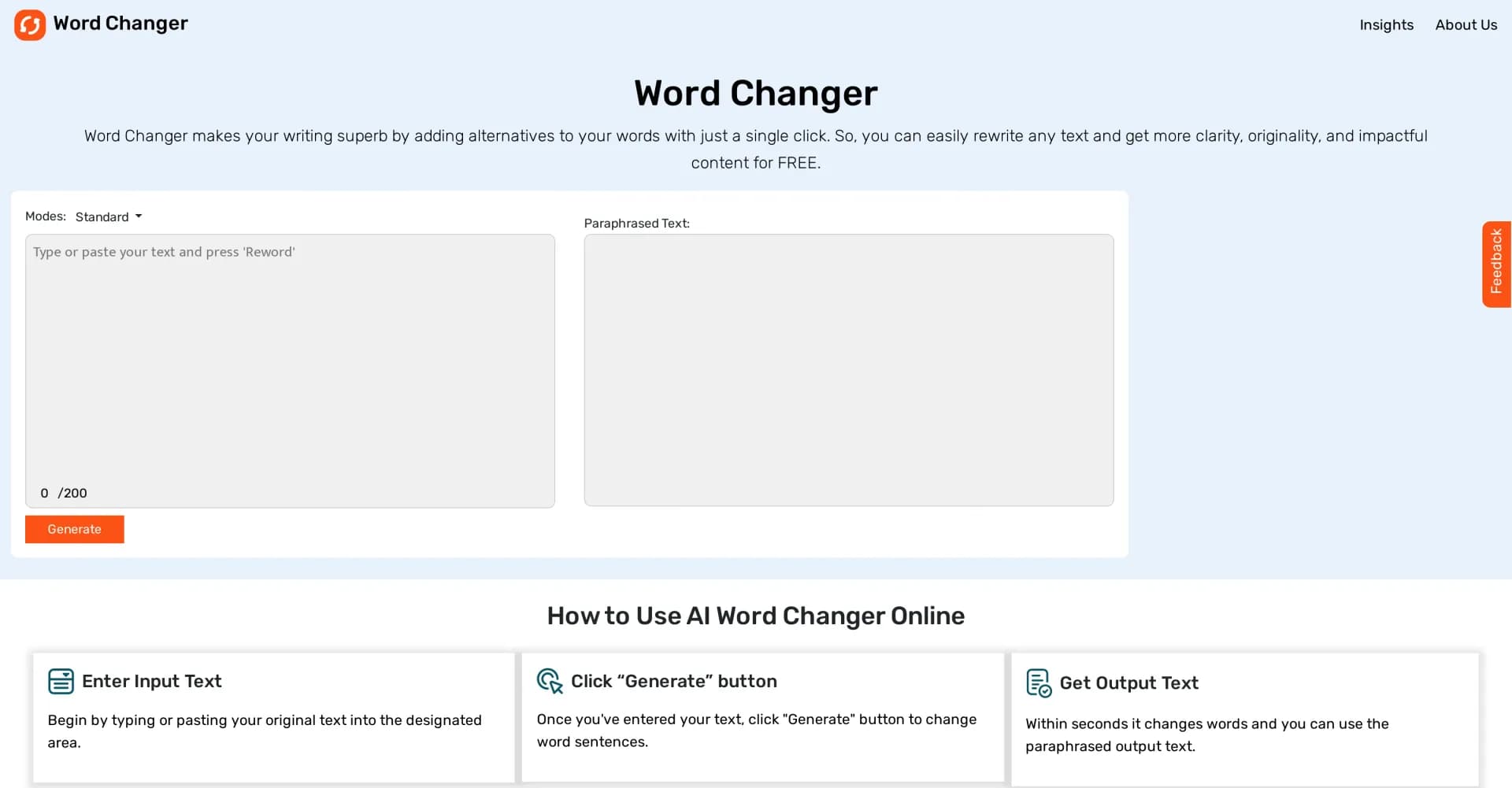 AI Word Changer homepage screenshot — Supercharge your writing with one-click word alternatives.