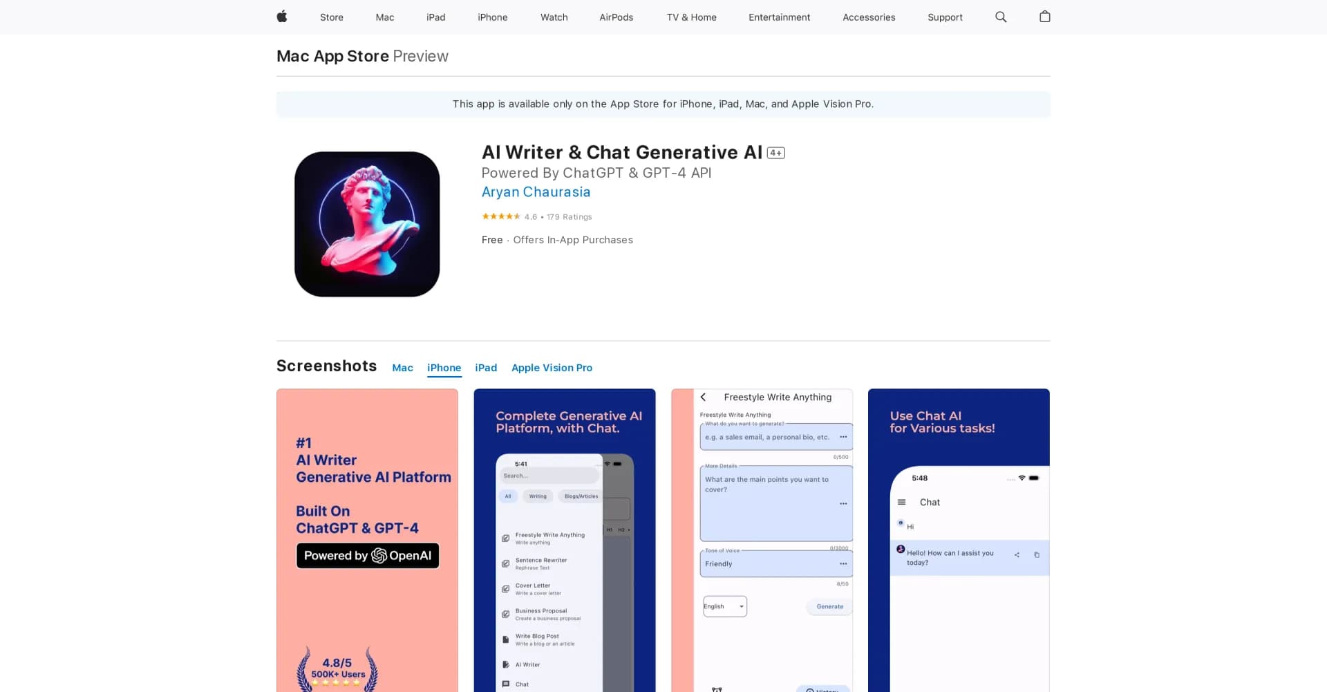 AI Writer & Chat homepage screenshot — Writing assistance for mobile devices.