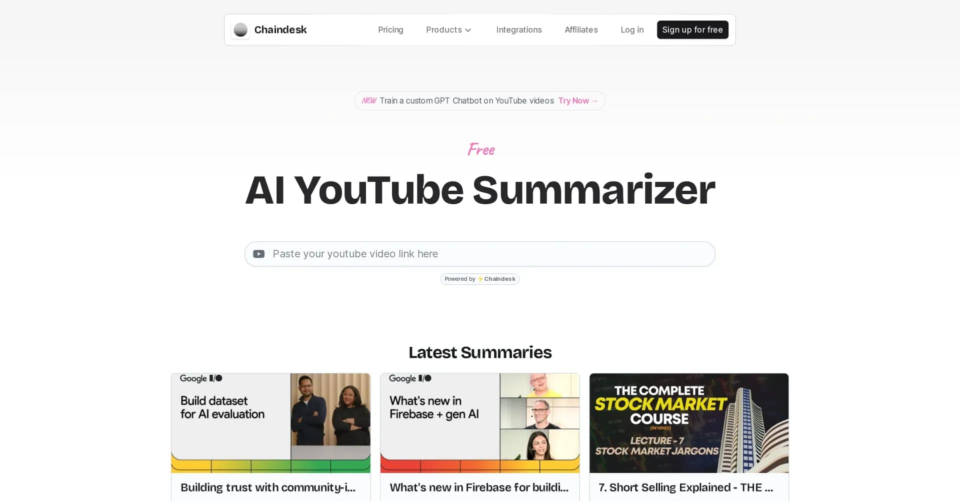 AI YouTube Summarizer homepage screenshot — Summarize any YouTube video instantly with AI