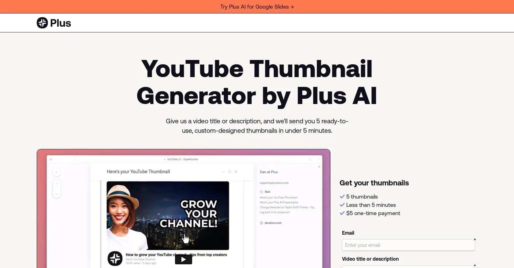 AI YouTube Thumbnails homepage screenshot — Create eye-catching YouTube thumbnails with AI