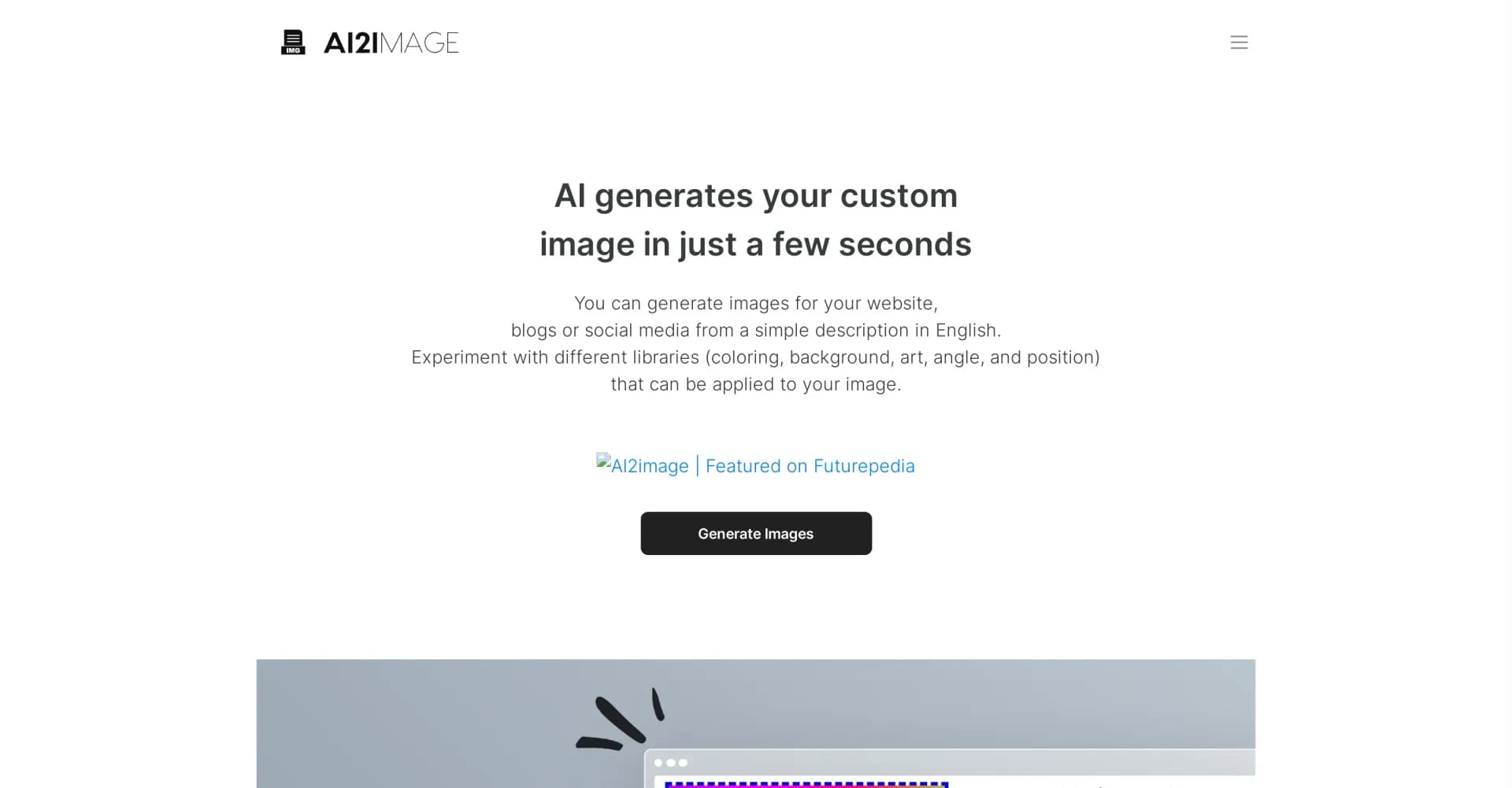 AI2image homepage screenshot — AI generates your custom image in seconds.