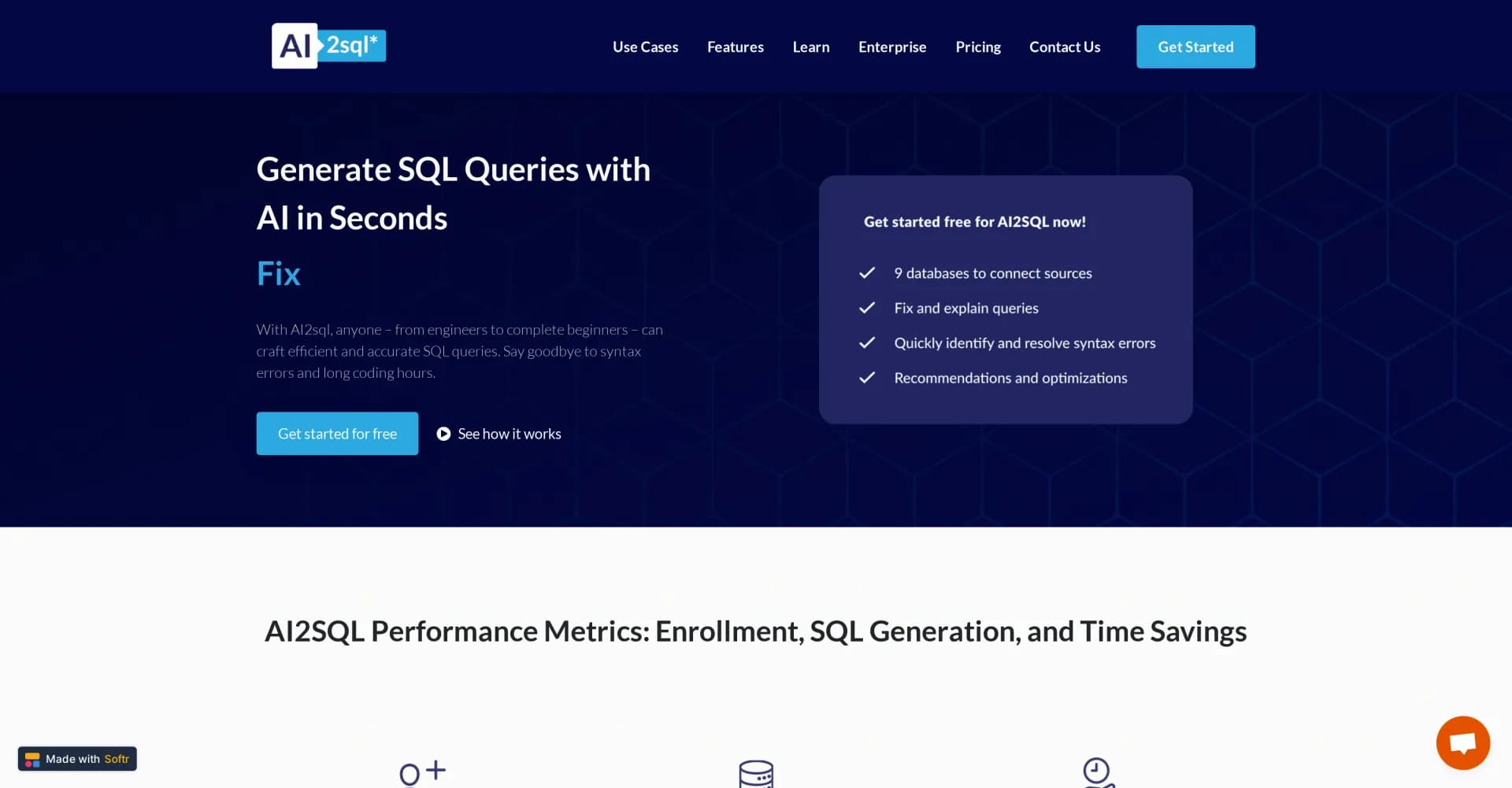 AI2SQL homepage screenshot — Build SQL queries effortlessly with AI assistance.