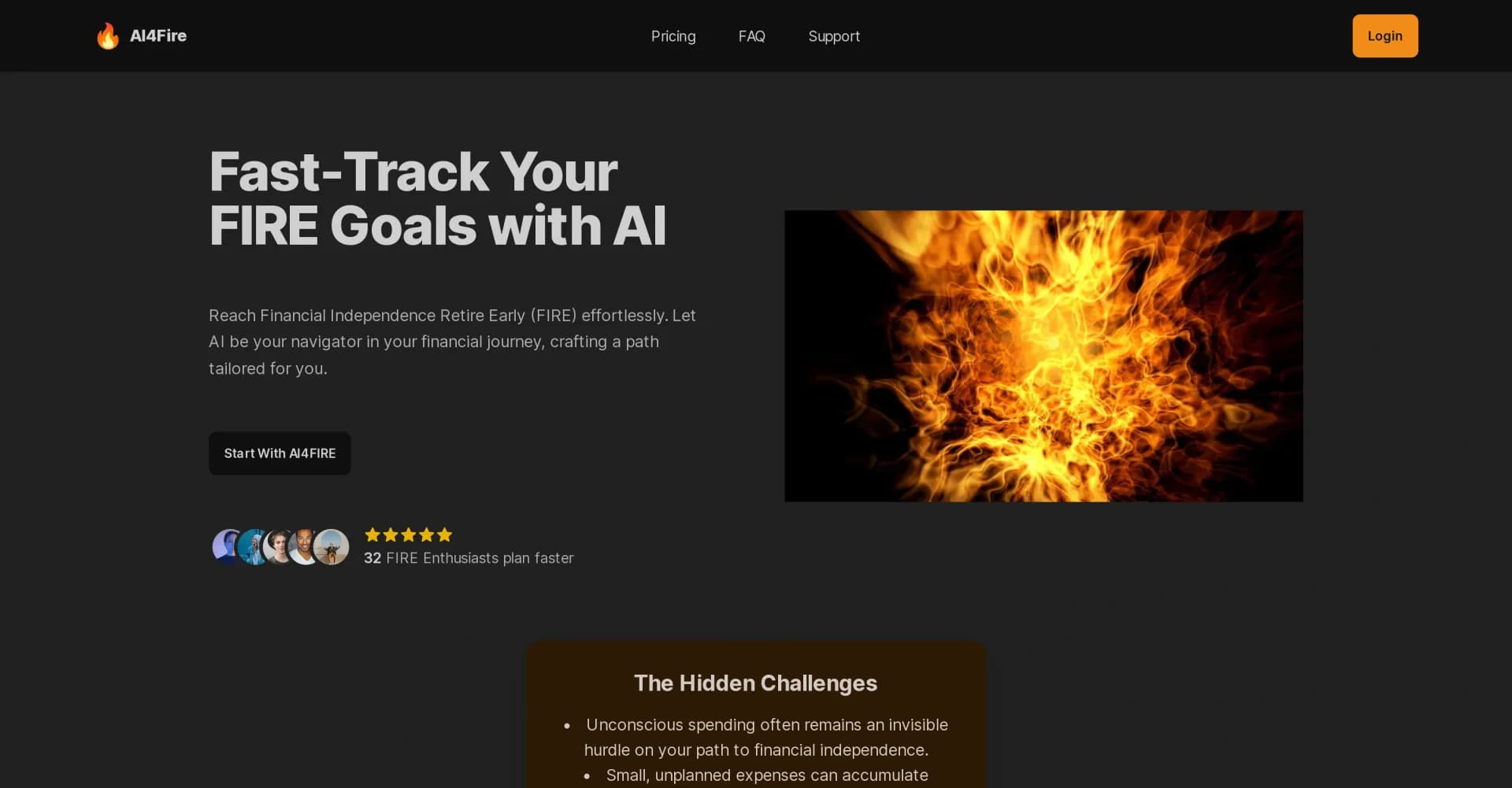 AI4Fire homepage screenshot — AI-powered financial roadmaps for FIRE goals