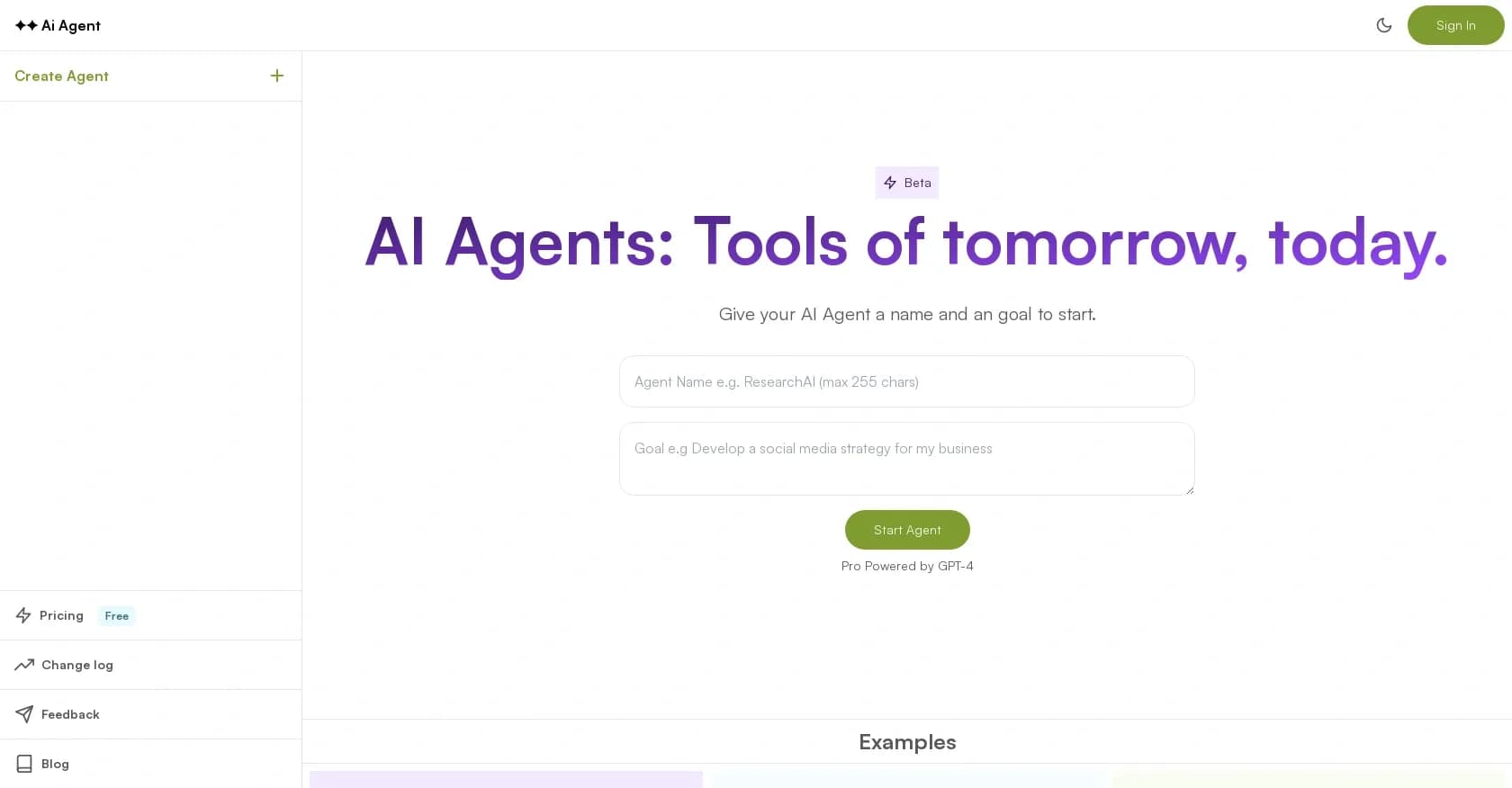AiAgent.app homepage screenshot — Managed web-based goal and task system.