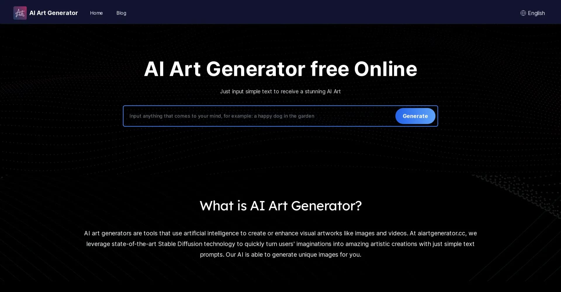 AIArtGenerator homepage screenshot — Transform text into stunning AI art instantly.