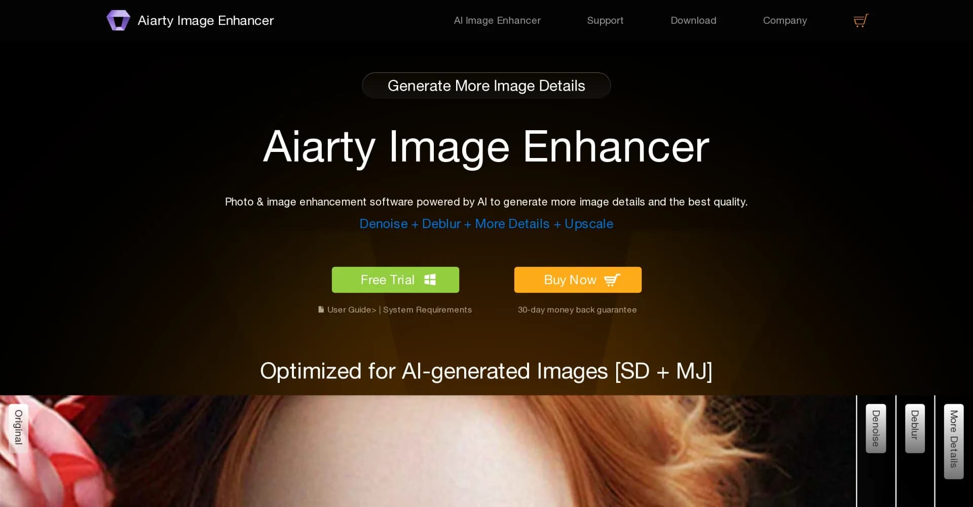 Aiarty Image Enhancer homepage screenshot — Enhance photos with AI for stunning quality and detail.