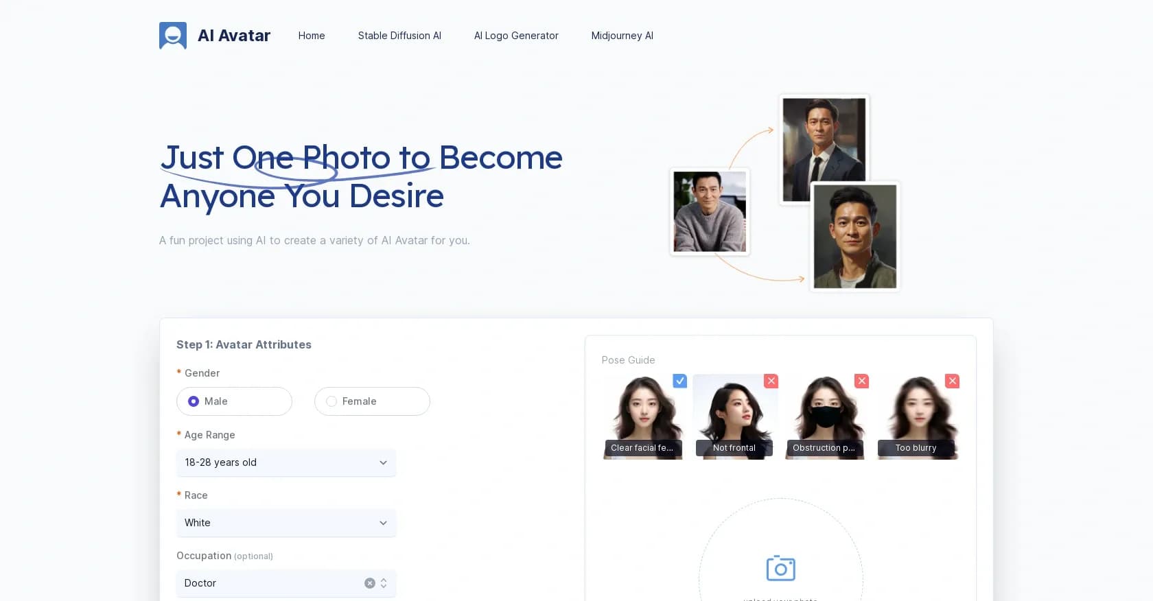 AIAvatar homepage screenshot — Create custom AI avatars with a single photo