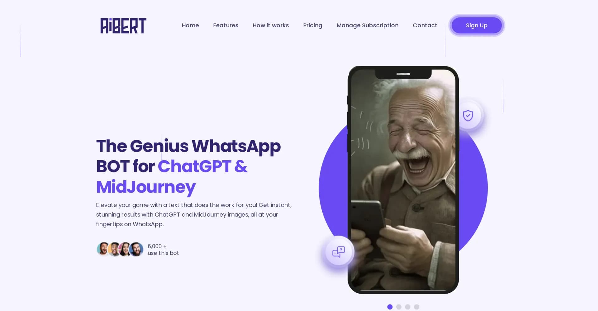 AiBert homepage screenshot — Your WhatsApp genius for instant ChatGPT and Midjourney magi