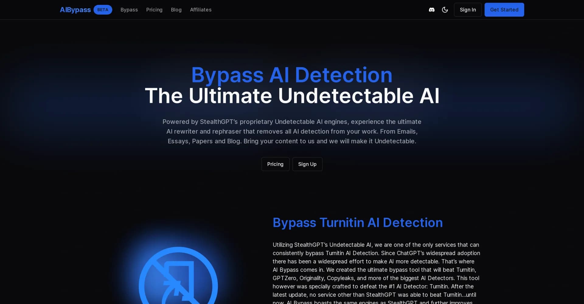 AIBypass homepage screenshot — Bypass AI detection with undetectable AI content