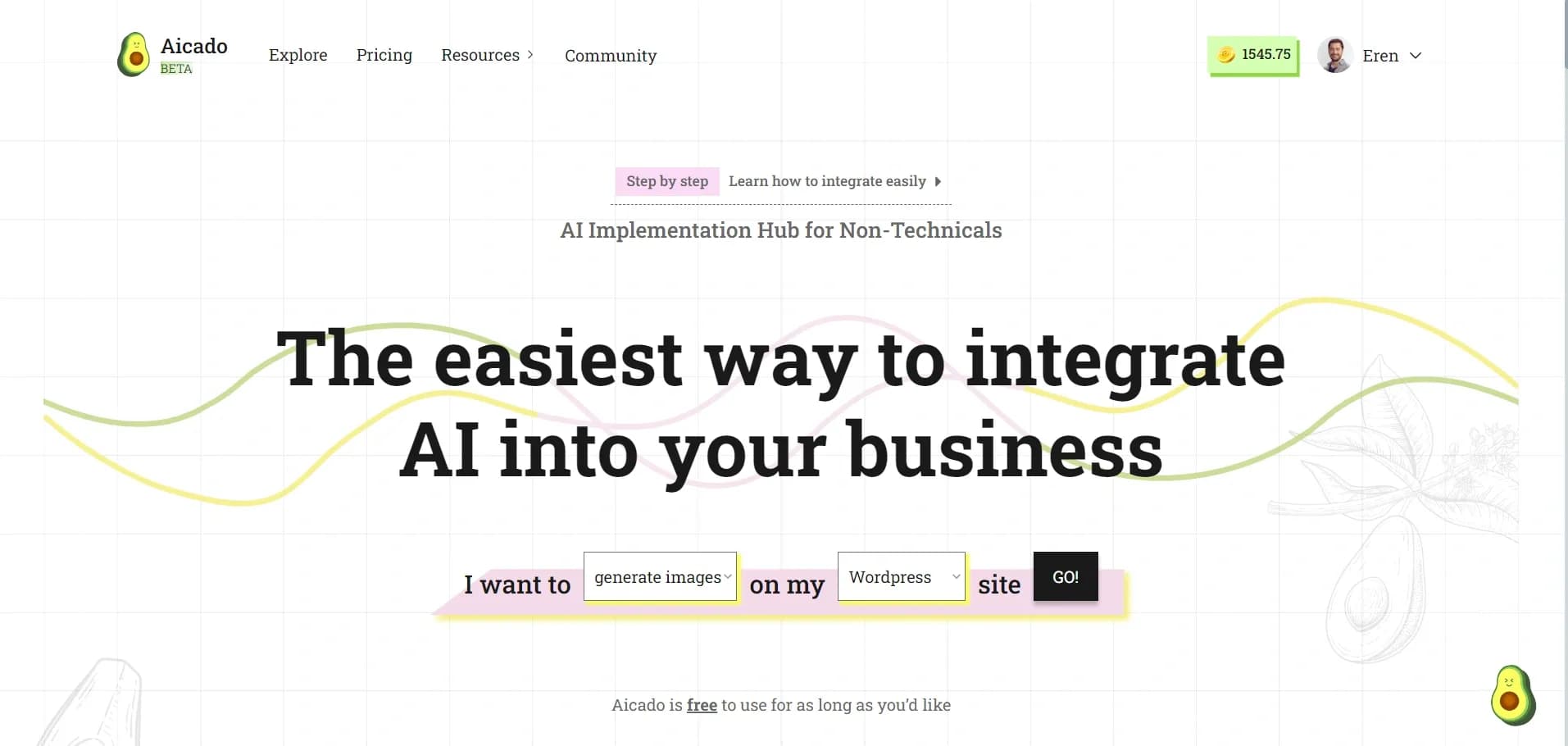 Aicado AIv1.2.0 homepage screenshot — The easiest way to integrate AI into your business