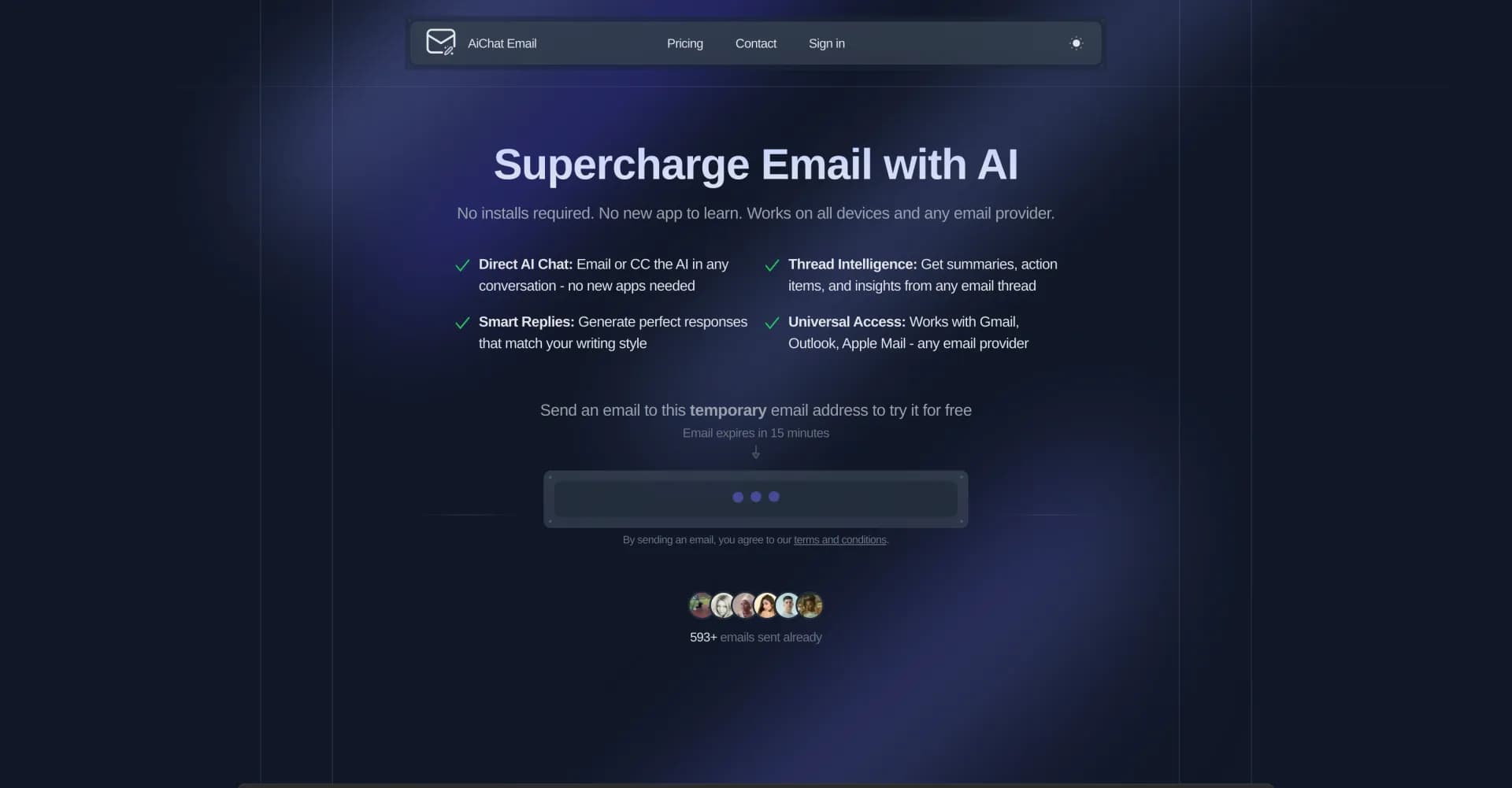 AiChat Email homepage screenshot — Supercharge email with AI chat and insights