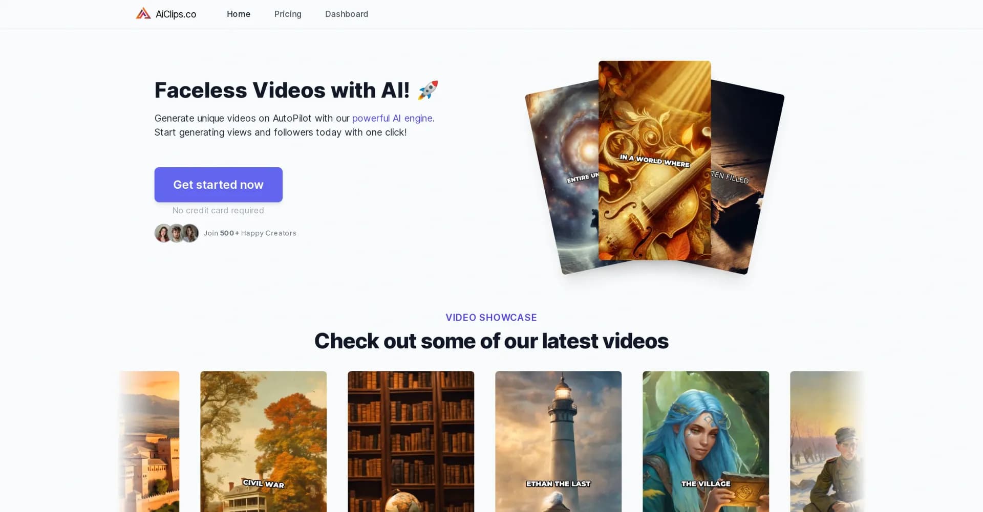 AiClips.I.com homepage screenshot — Generate unique videos on AutoPilot with our powerful AI eng