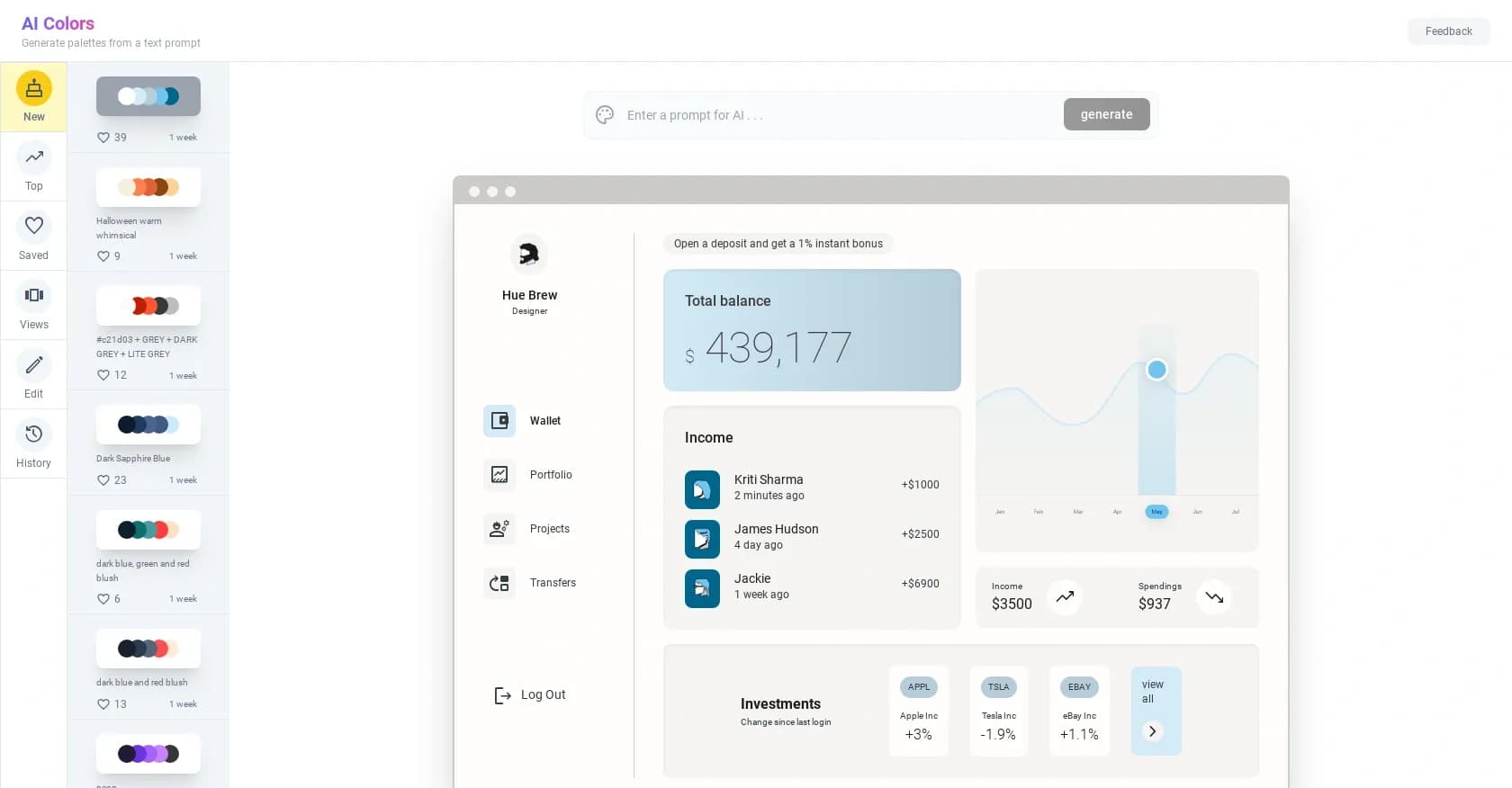 AIColors homepage screenshot — Create unique color palettes with AI