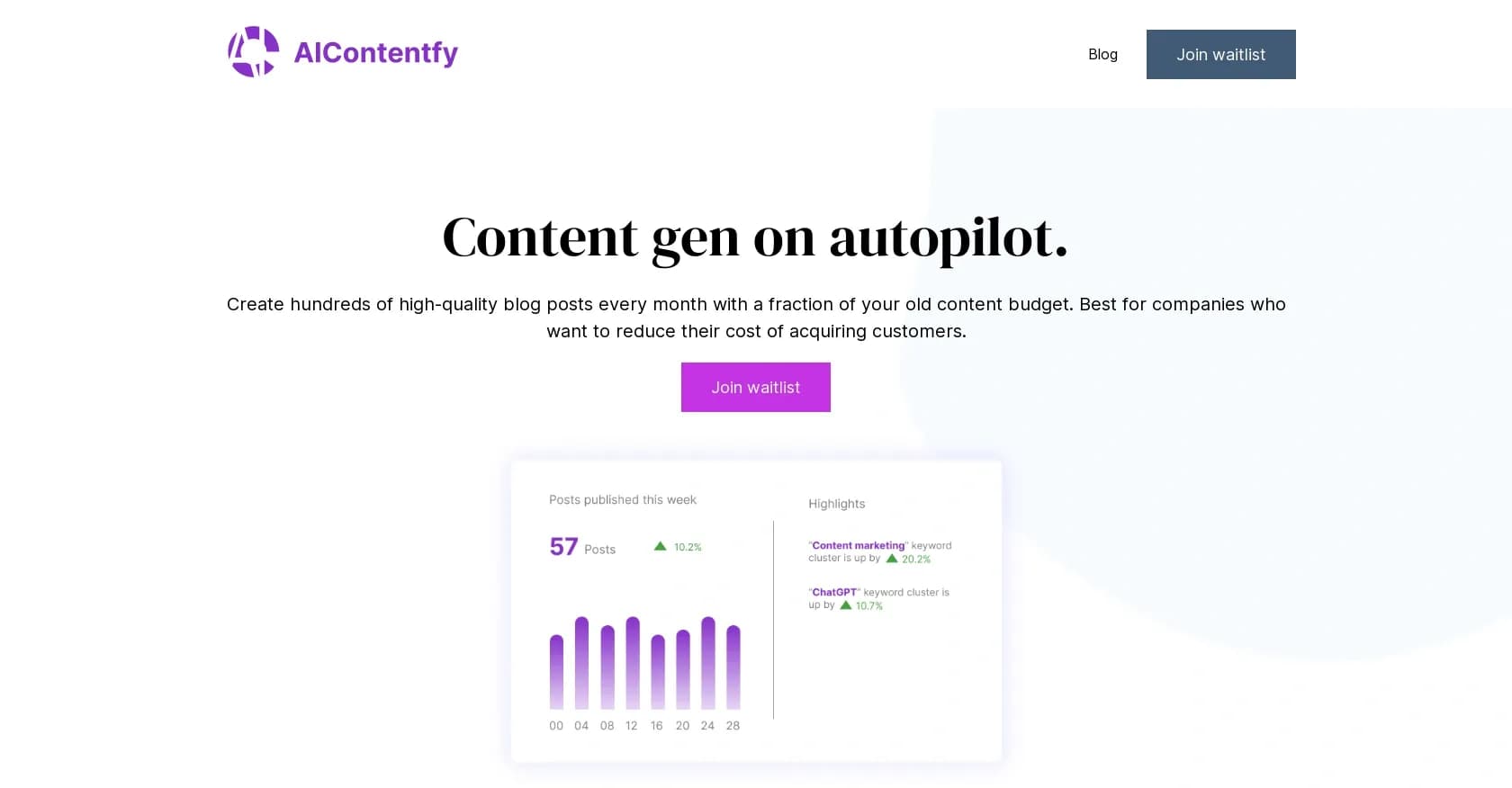AIcontentfy homepage screenshot — Create high-quality content at scale with AI.