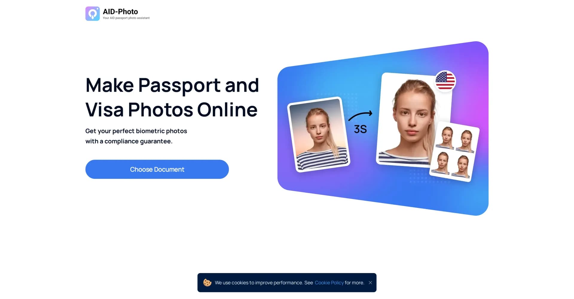 AID-Photo homepage screenshot — Create compliant passport photos instantly with AI.