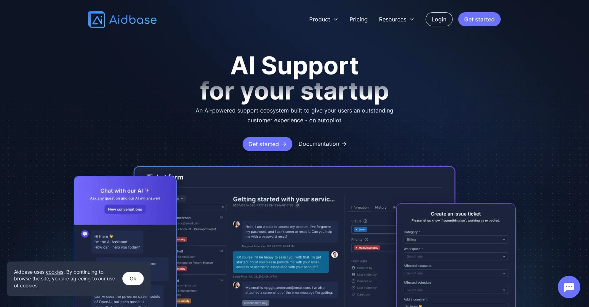 Aidbase homepage screenshot — AI-powered support for outstanding customer experience.