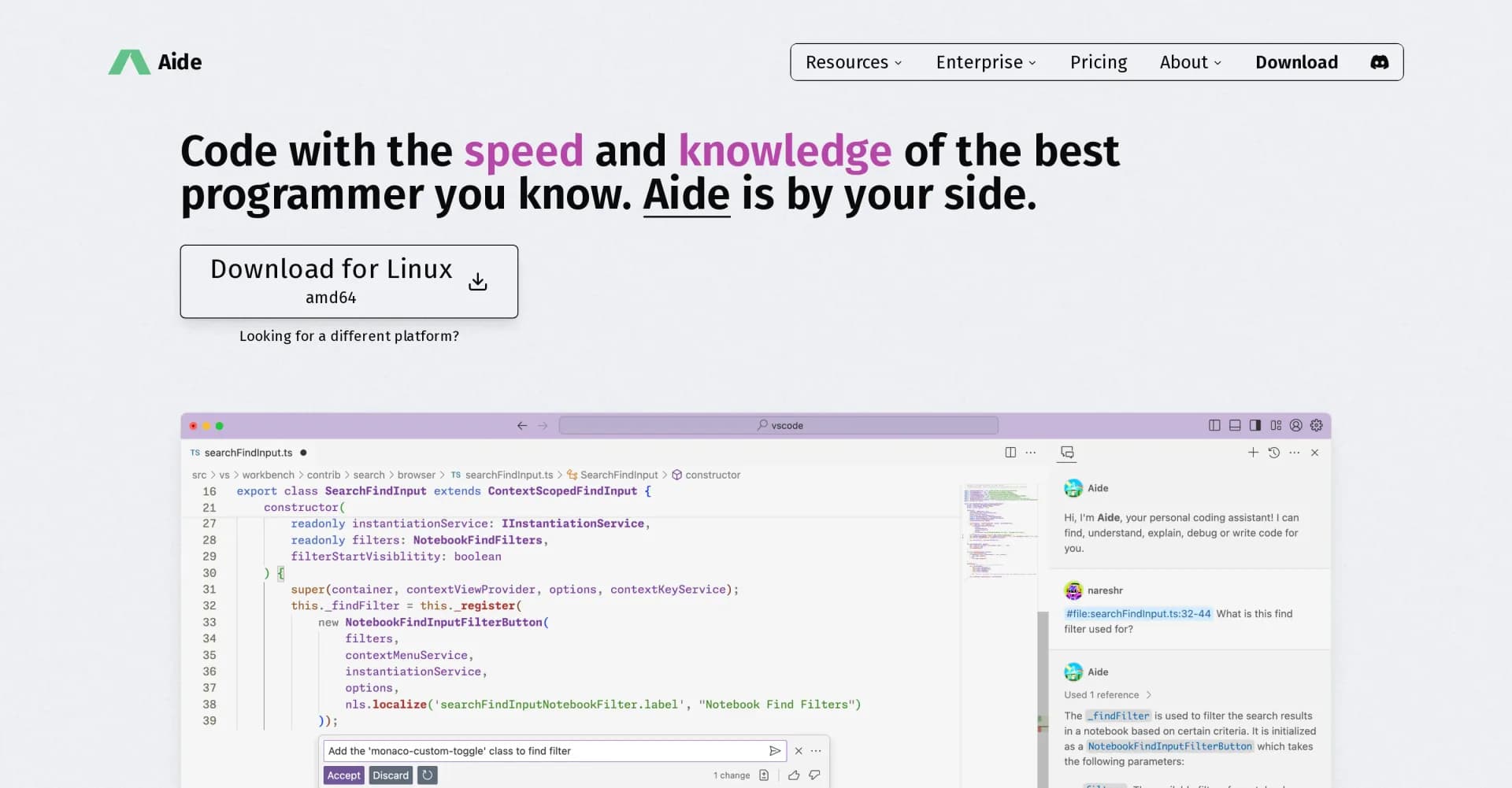 Aide Dev homepage screenshot — Code with AI speed and expert knowledge.