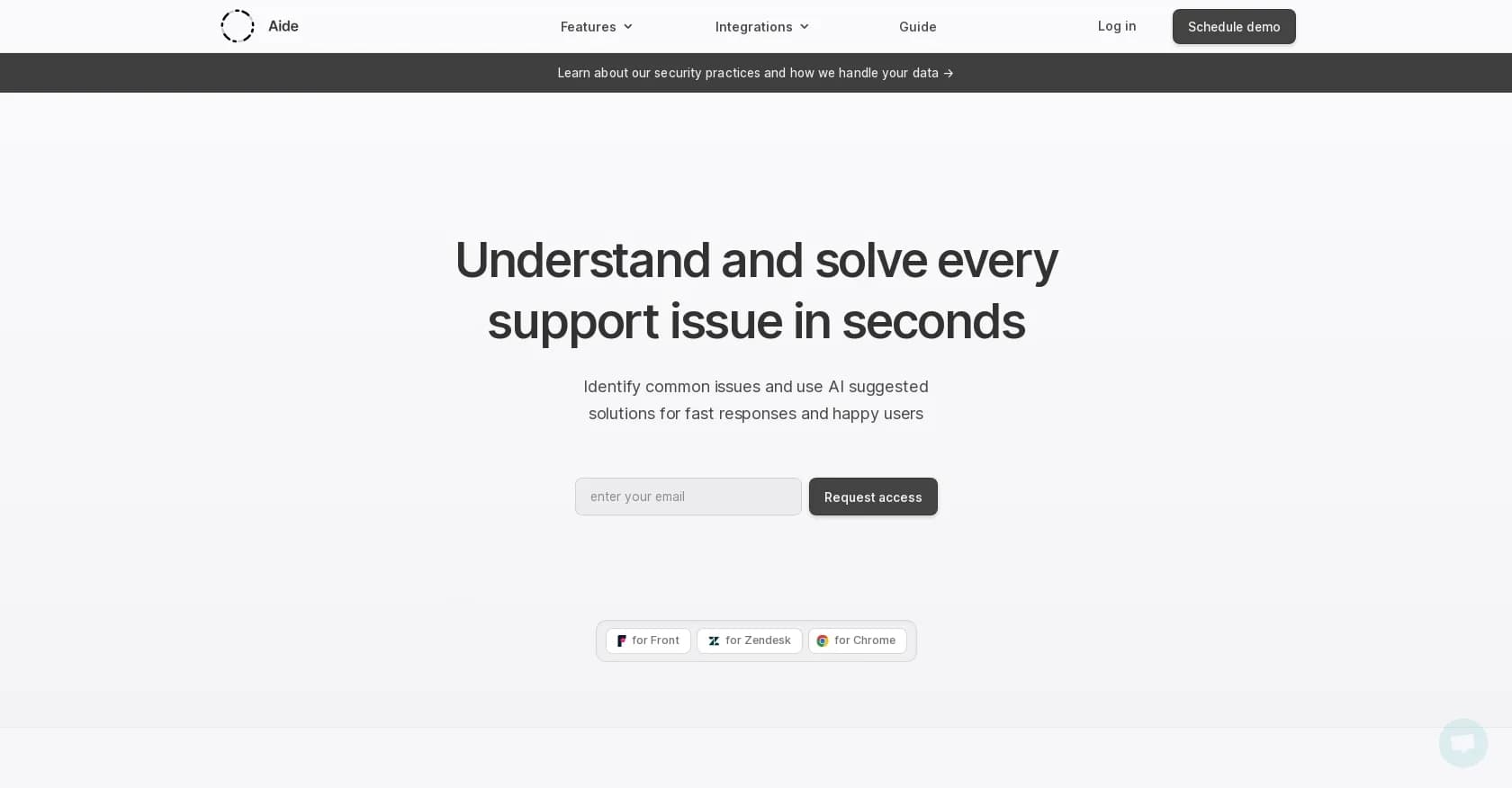 Aide homepage screenshot — Enhance customer support with AI-powered insights and soluti