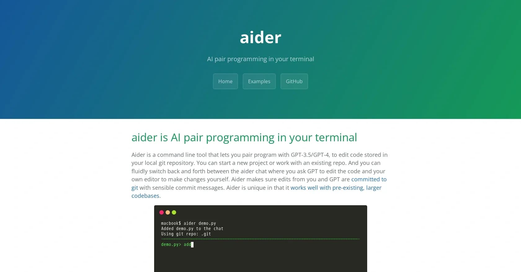 Aider Chat homepage screenshot — AI pair programming in your terminal