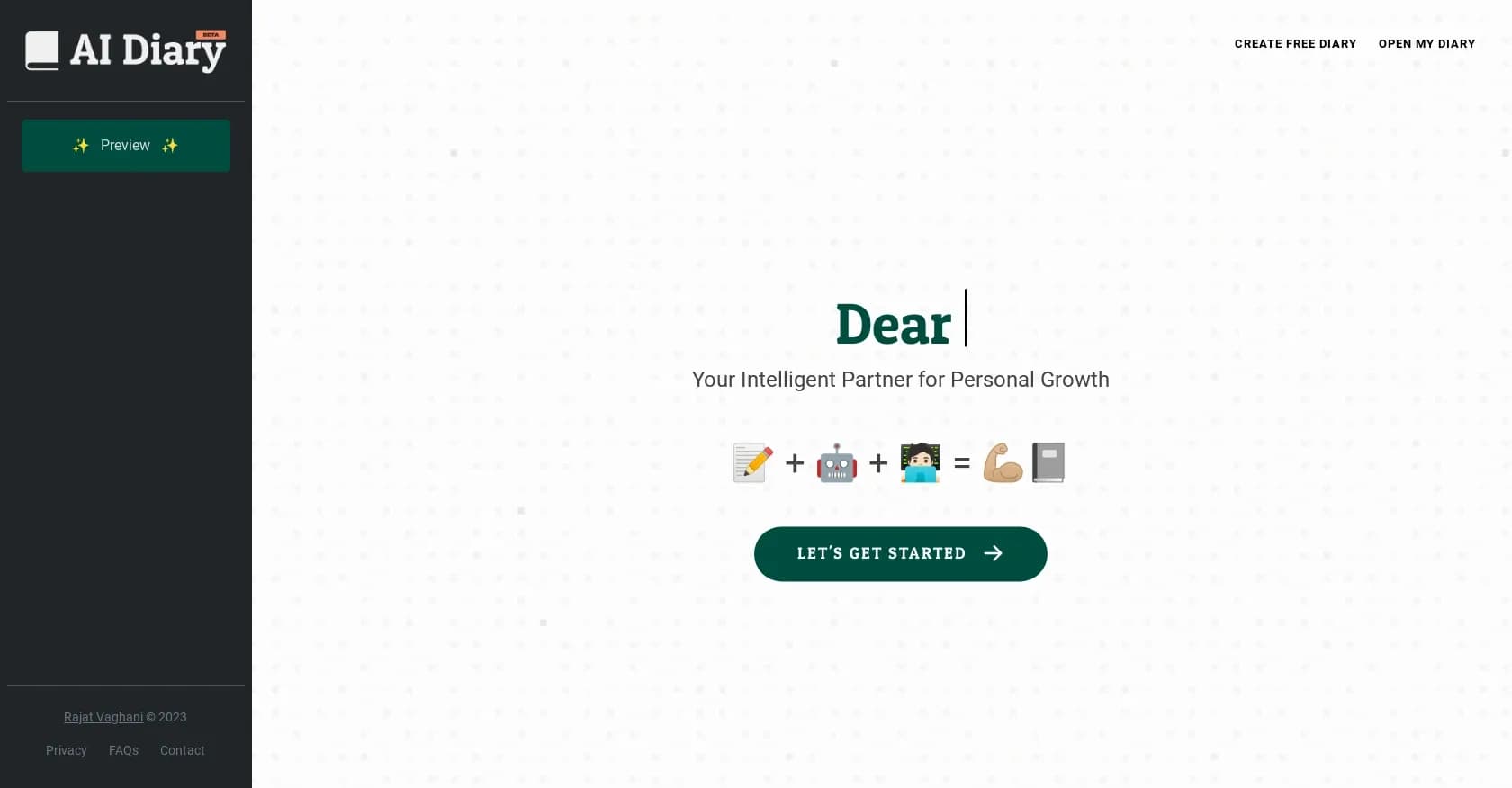 AIDiary homepage screenshot — Your intelligent partner for personal growth