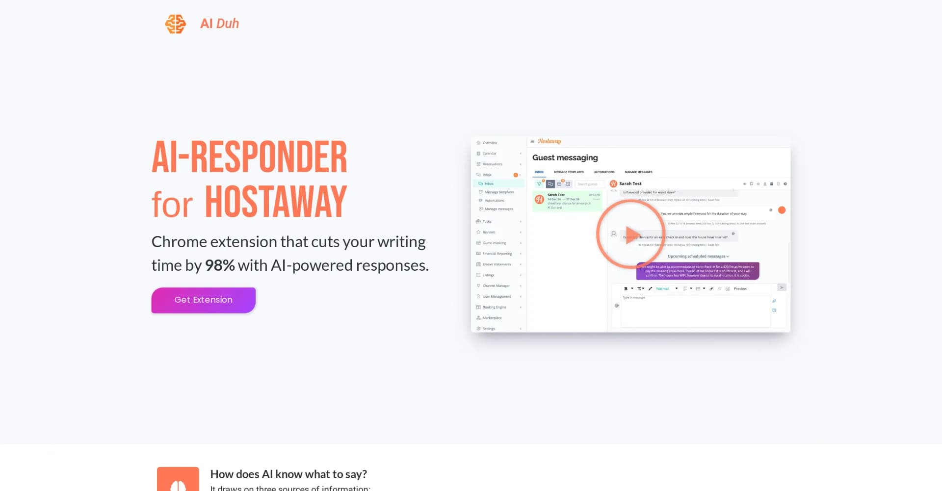 AI-Responder for HostAway homepage screenshot — Cut writing time 98% with AI-powered responses