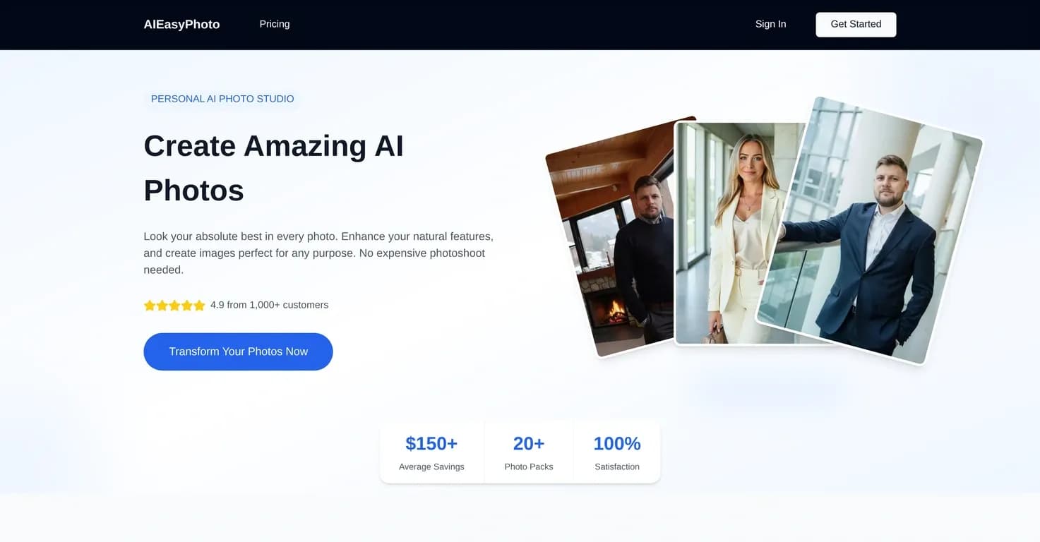 BestPhotoAI homepage screenshot — Create amazing AI photos instantly