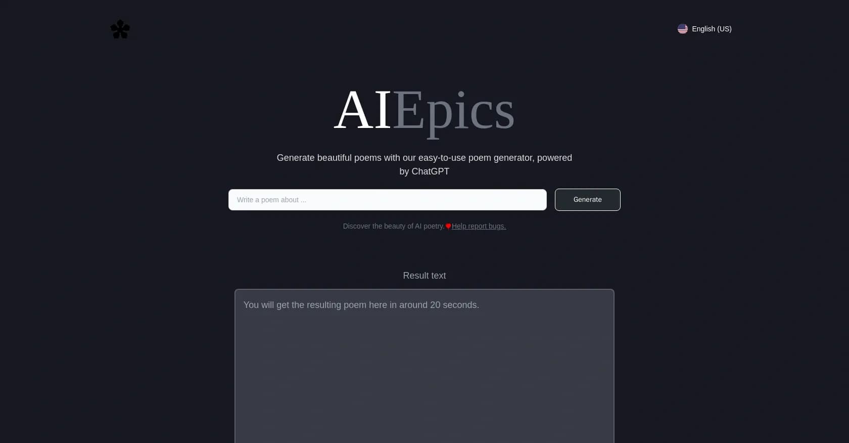 AIEpics homepage screenshot — Generate unique AI poems with a click