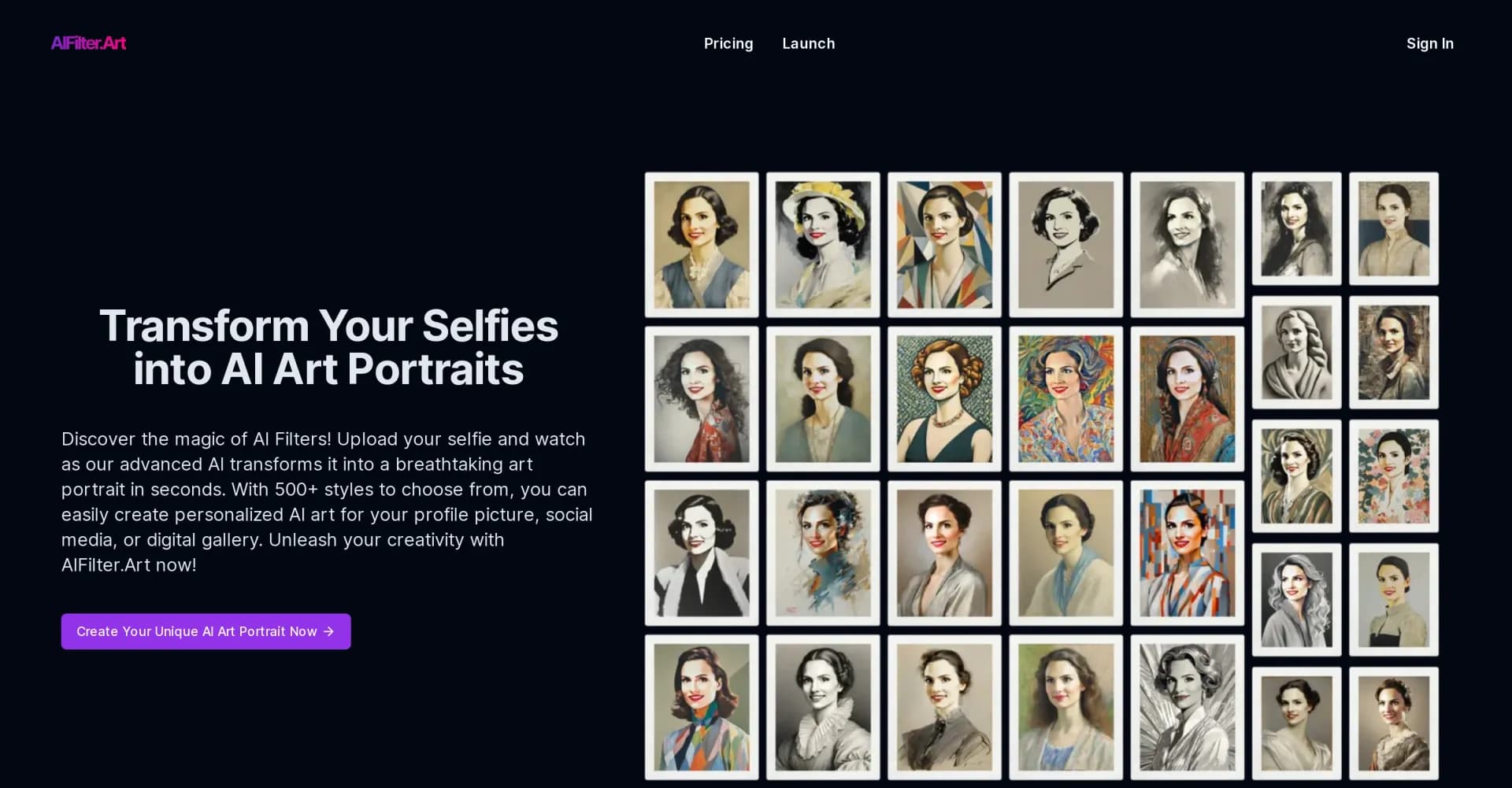 AIFilter.Art homepage screenshot — Transform selfies into AI art portraits instantly