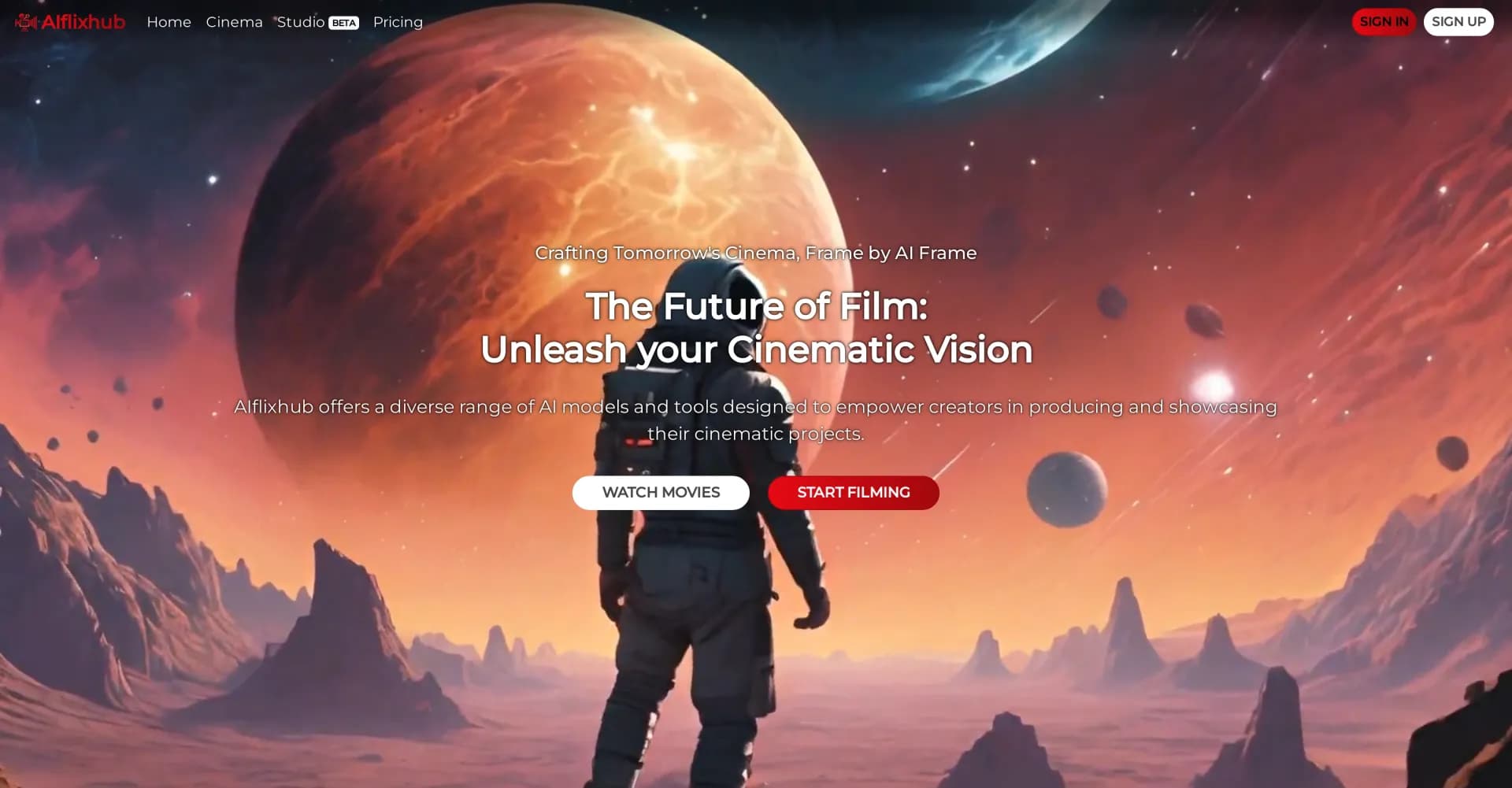 AIflixhub homepage screenshot — AI-powered platform for watching and creating movies