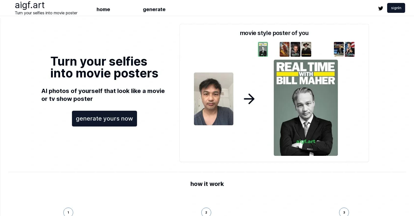 AIGF homepage screenshot — Transform selfies into cinematic posters
