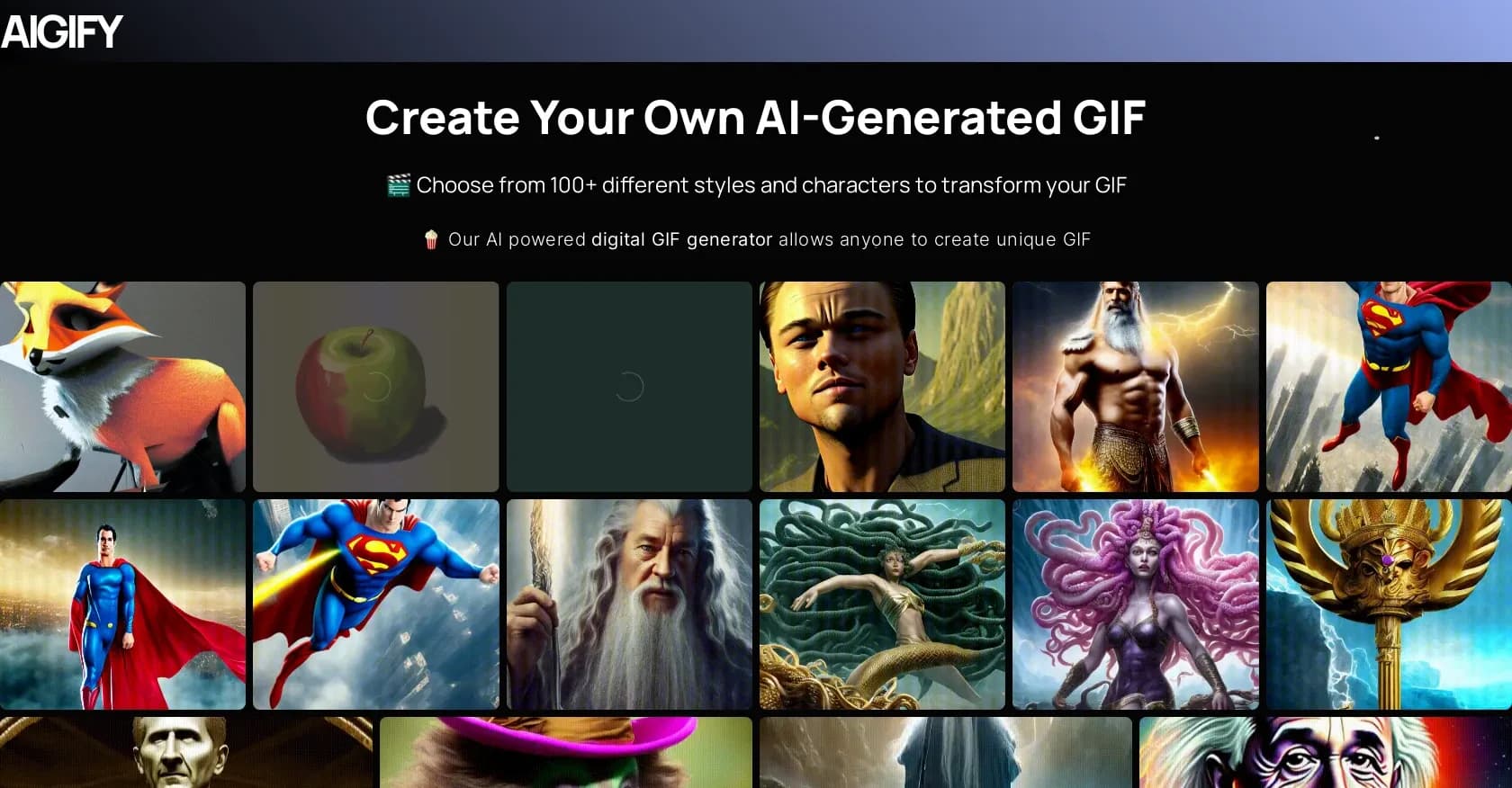 AIGIFY homepage screenshot — Create unique AI-generated GIFs with ease.
