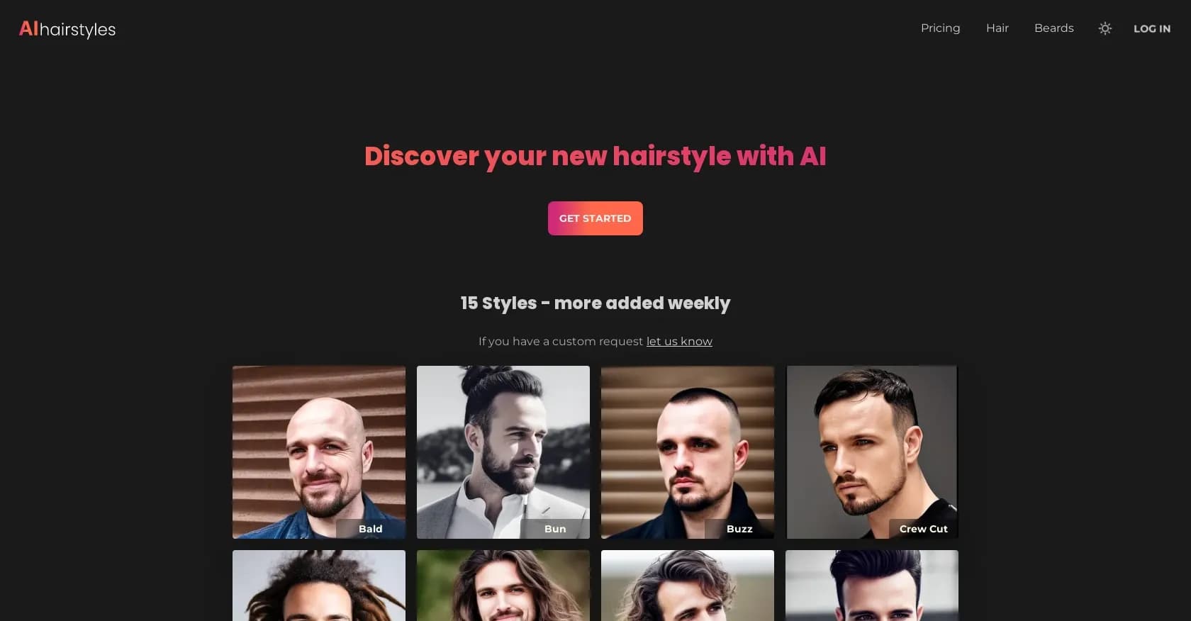 AIhairstyles homepage screenshot — Try on virtual hairstyles to experiment with looks.